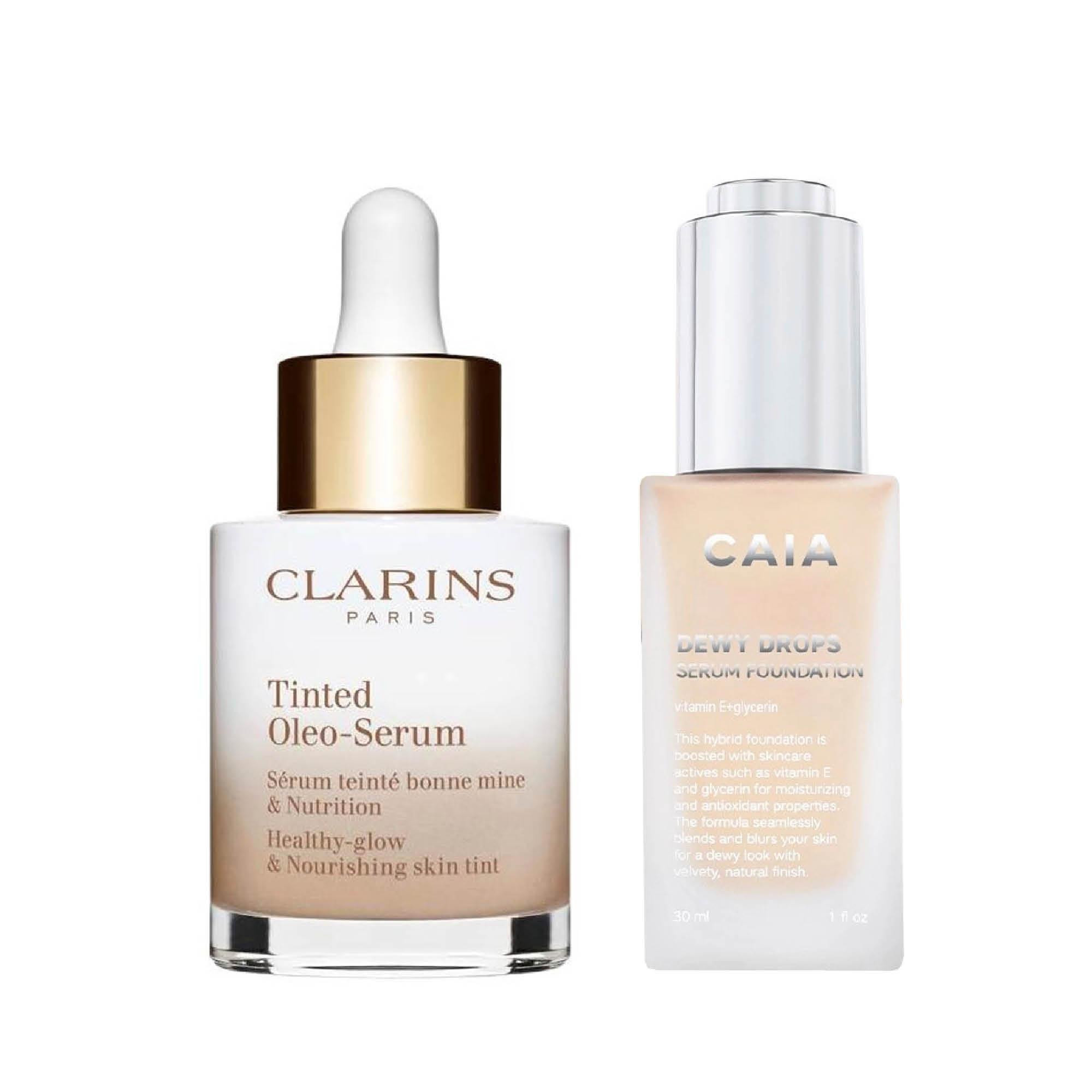 Tinted Oleo Serum -seerumimeikkivoide 42 e/30 ml, Clarins. Dewy Drops -meikkivoideseerumi 33 e/30 ml, Caia Cosmetics.