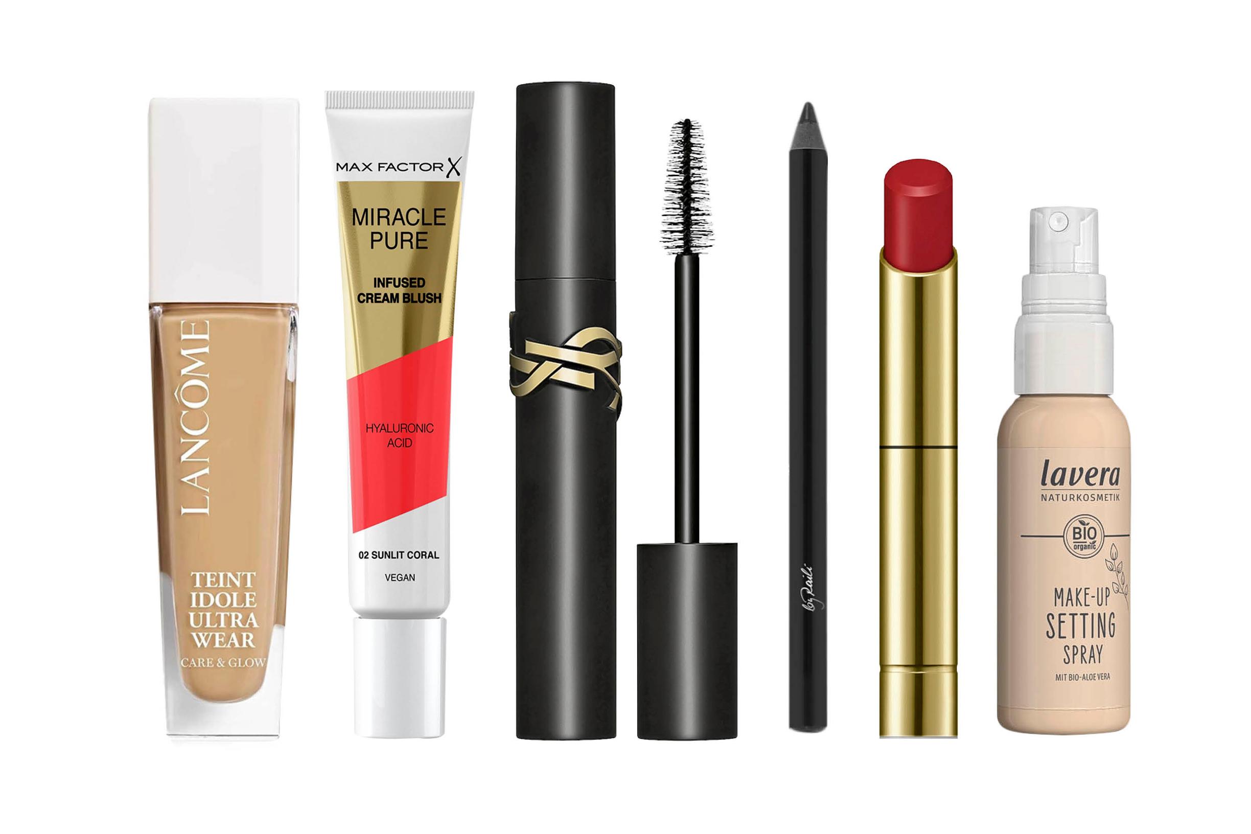 Lancôme Teint Idole Ultra Wear Care & Glow Fondation 49,50 e. Max Factor Pure Blush 02 Sunlit Coral 13,10 e. By Raili Gel Eyeliner 01 Noir 24,90 e. Yves Saint Laurent Lash Clash Mascara 39 e. Uudelleentäytettävä Sensai Contouring Lipstick 04 Neutral Red 45 (puna 32 e, hylsy 13 e). Lavera Make-Up Setting Spray 12,90 e.