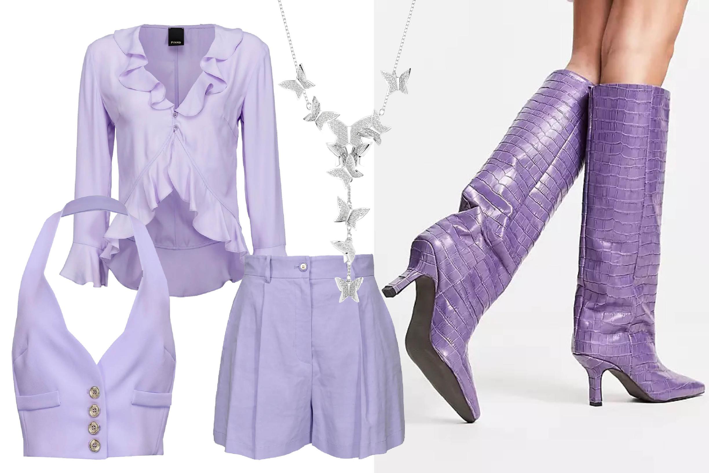 Liivi 285 e, pusero 345 e ja sortsit 295 e, Pinko. Kaulakoru 108,50 e, Swarowski. Saappaat 166,99 e, Asos Design.