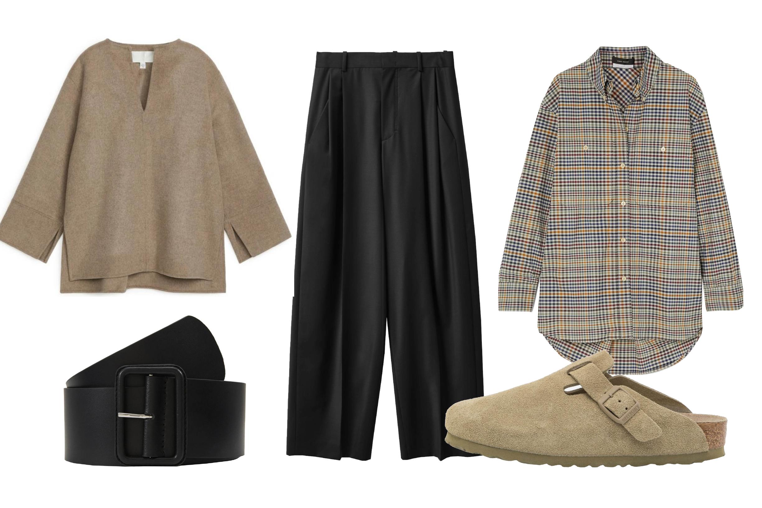 Villakangaspaita 179 e, Arket. Nahkavyö 28 e, Zign/Zalando. Leveälahkeiset housut 115 e, Cos. Ruutupaita 440 e, Isabel Marant. Boston-pistokkaat 140 e, Birkenstock.