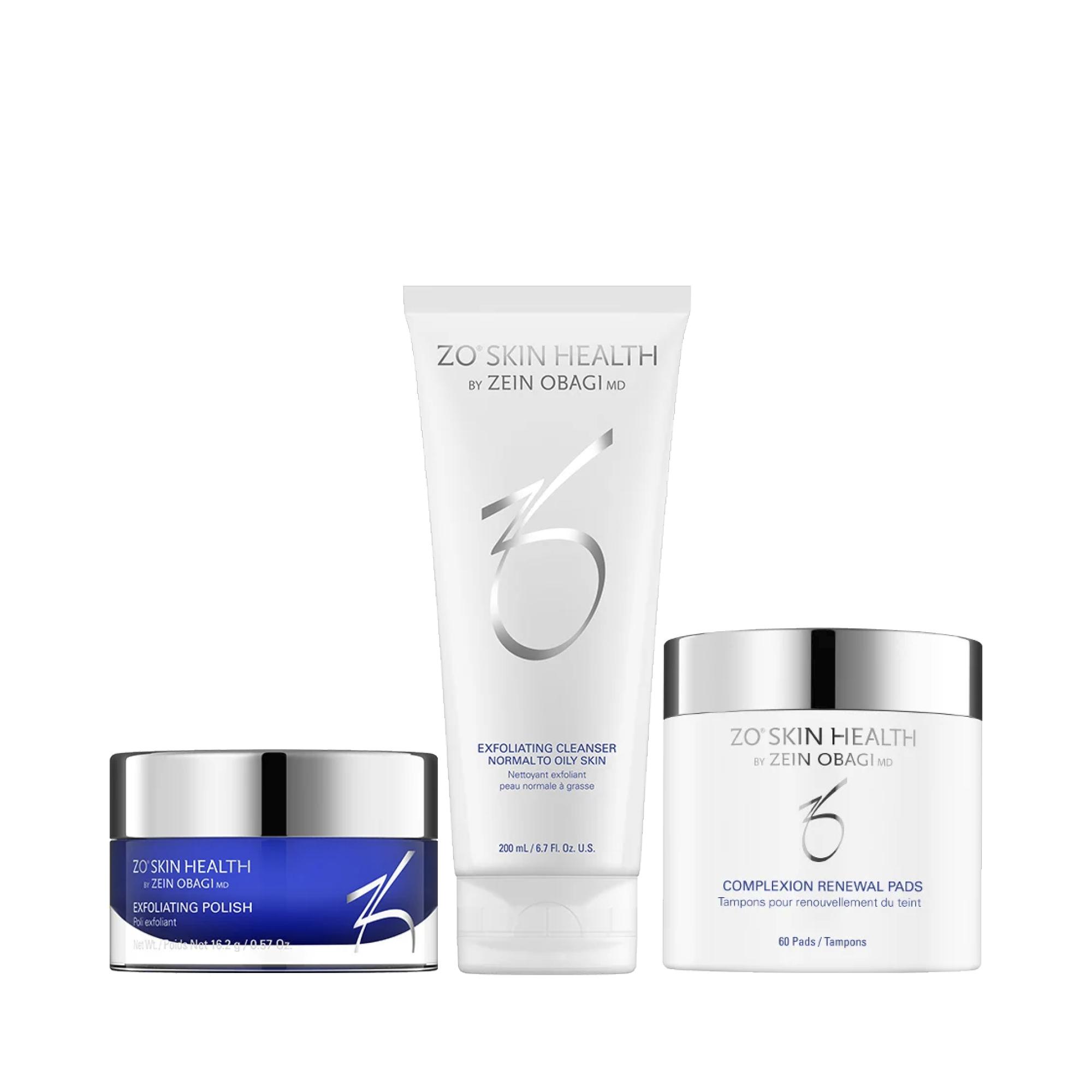 Puhdistussetissä on puhdistusgeeli, pehmentävä kuorintaaine, puhdistuslaput ja anti-age-kasvovoide. Daily Skincare Program 218 e, Zo Skin Health.