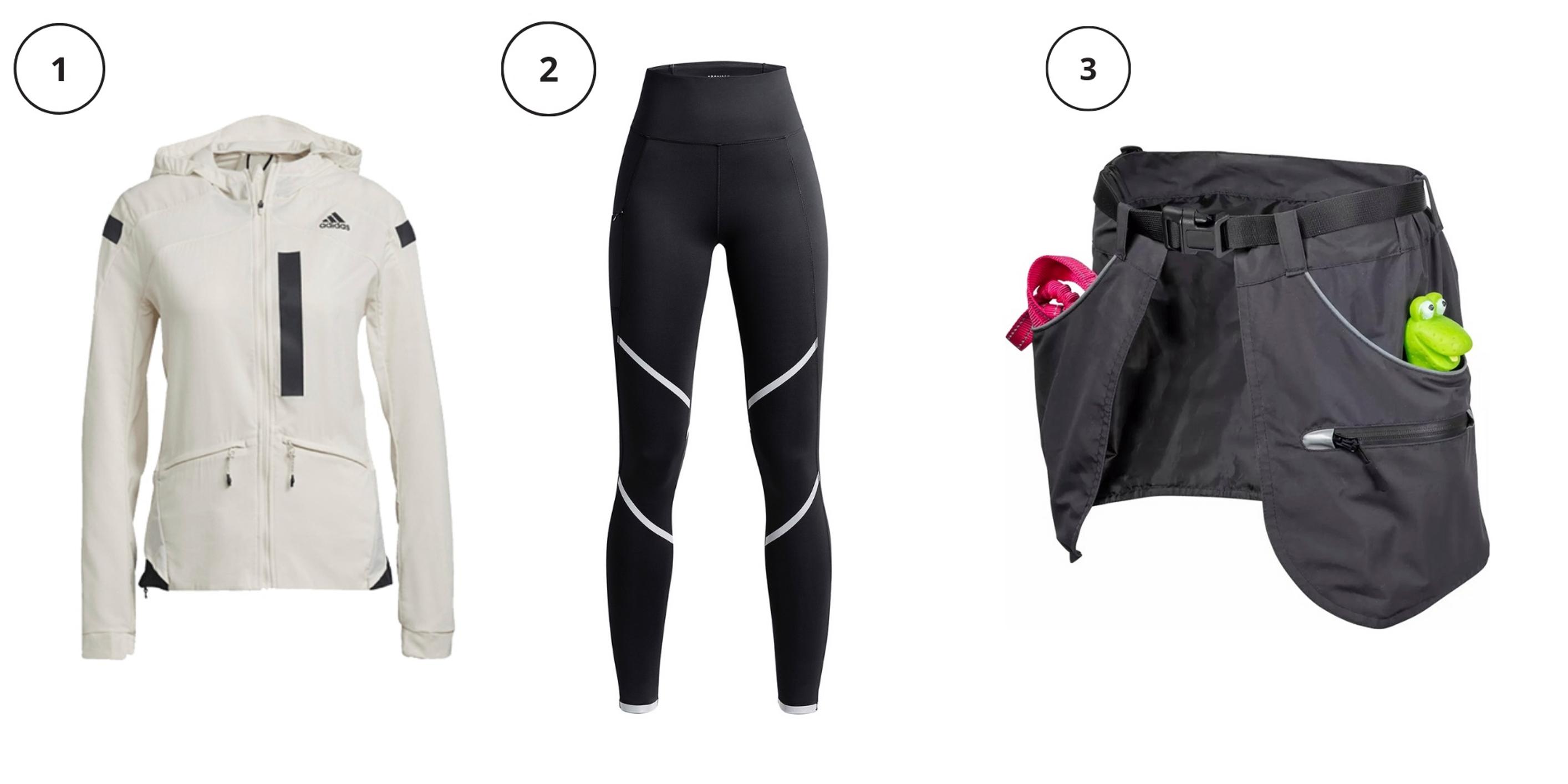 1. Veden ja tuulenpitävä takki hengittää ja suojaa sään vaihteluilta radalla. Adidas Marathon Translucent Jacket 110 e, stadium.fi. 2. Korkeavyötäröiset kompressiotrikoot tukevat treenin aikana. Heijastinnauhat varmistavat turvallisuuden iltalenkillä. Röhnisch Shape Skyla Tights 139,95 e, ellos.fi. 3. Taskulliseen treenivyöhön saa piilotettua treenikaverin palkintonamut. Pro Active CRW 29,90, hooks.fi.