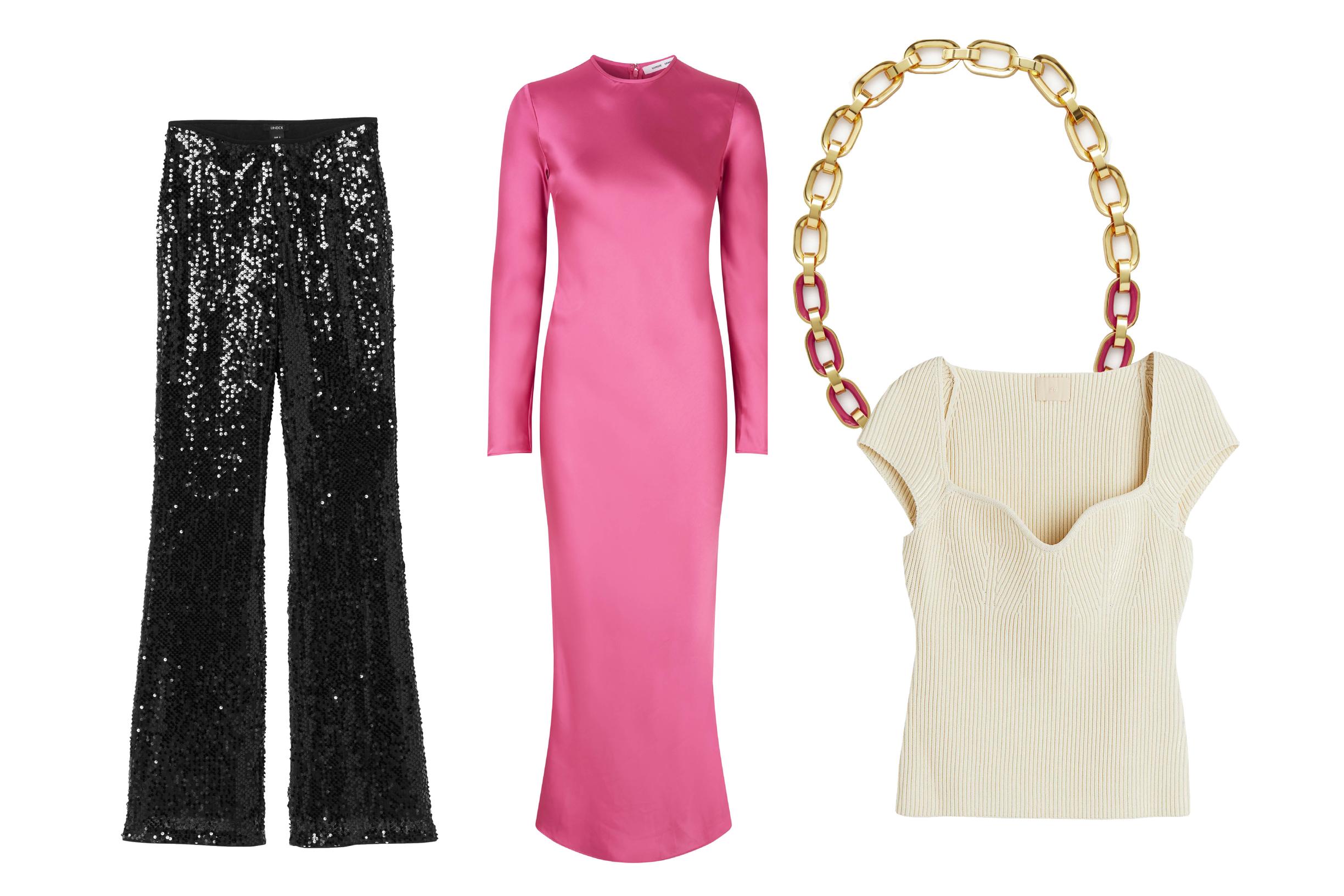 Paljettihousut 50 e, Lindex. Mekko 220 e, Samsøe Samsøe. Kaulakoru 69 e, Cos. Ribbineulepusero 35 e, H&M.