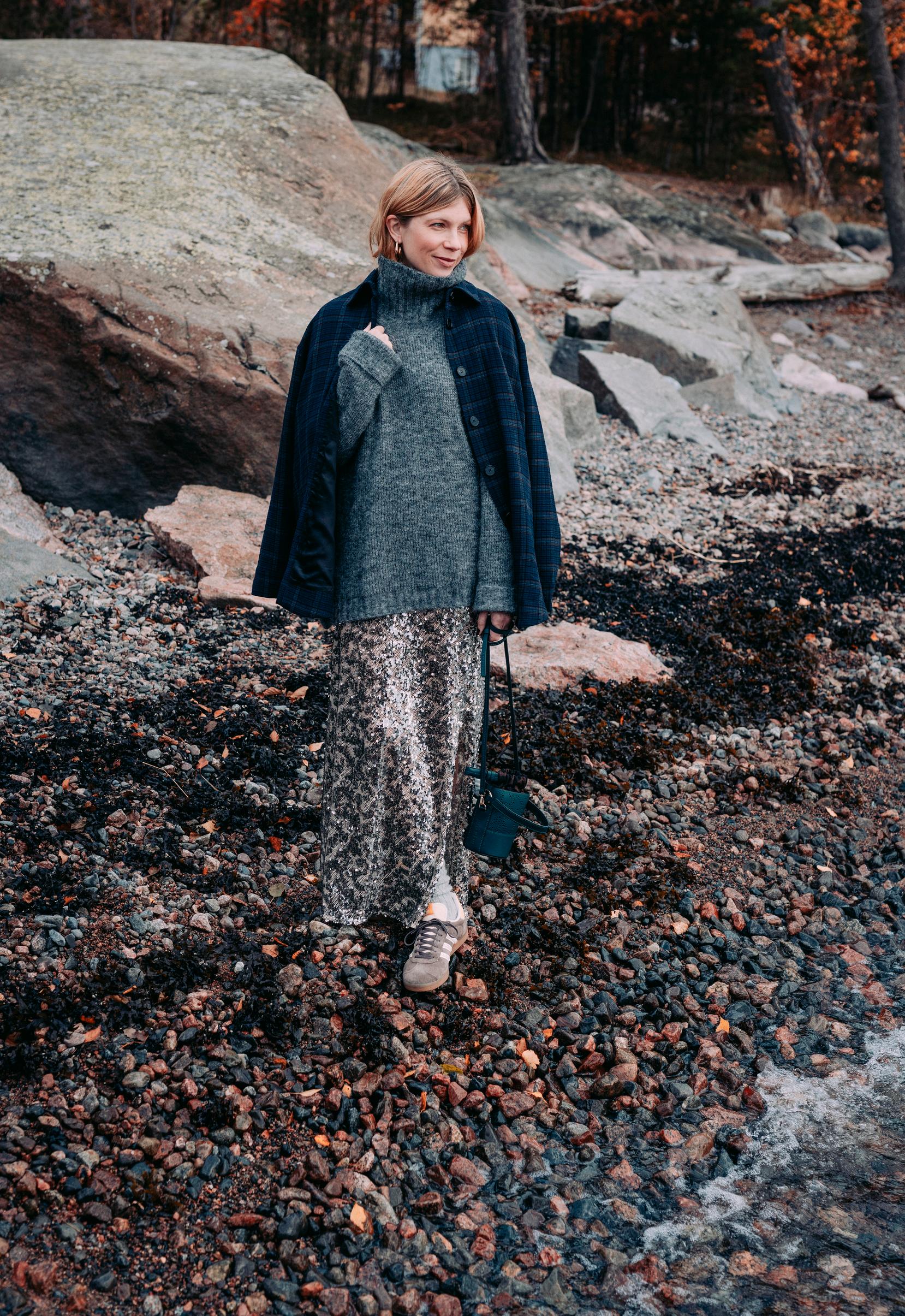 Villa- alpakkasekoitteinen pooloneule 119,95 e, My Essential Wardrobe. Paljettimekossa on lyhyet hihat, 169 e, Second Female. Tummansininen ruutujakku 329 e, Rue De Tokyo. Lenkkarit 119,95 e, Adidas Gazelle / Zalando. Laukku Nano Bucket Unikko 405 e, Marimekko. Villasukat 12,95 e, Sokos.