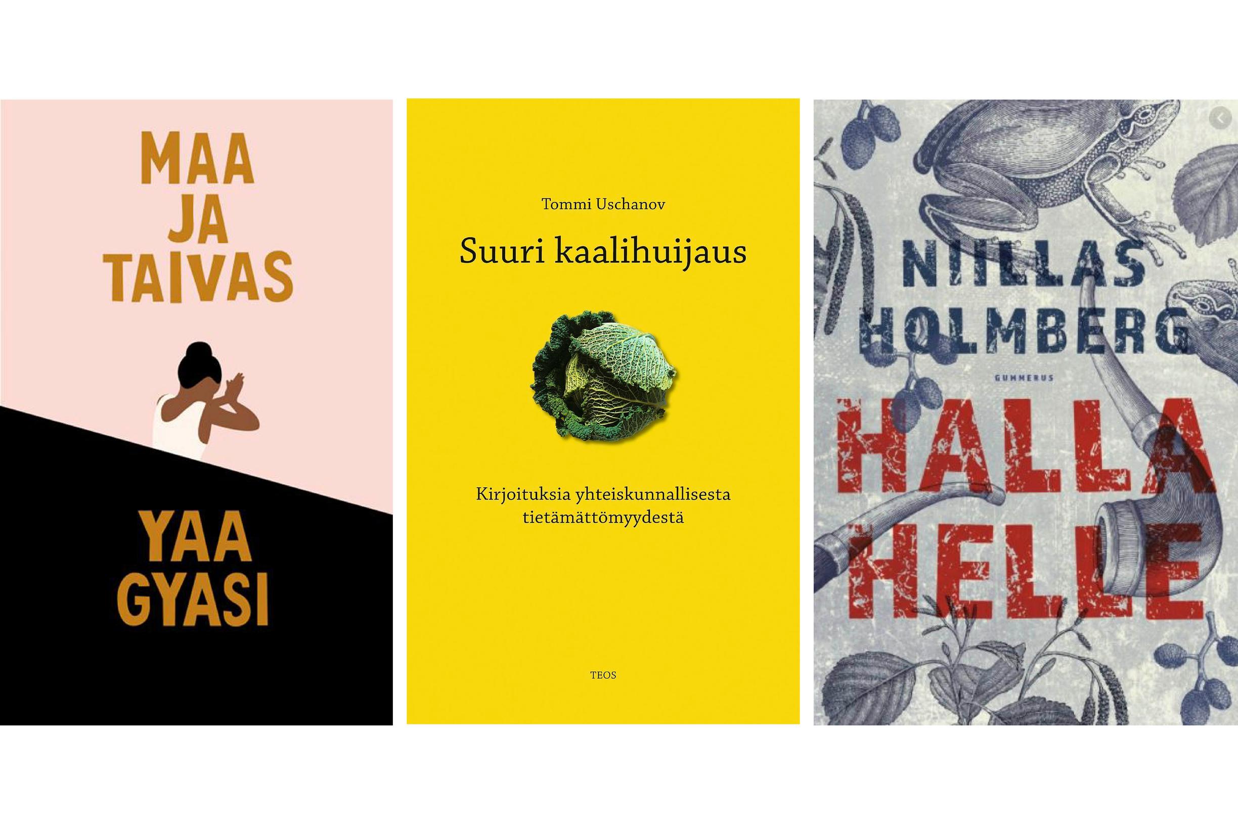 1. Maa ja taivas, Yaa Gyasi 2. Halla helle, Niillas Holmberg 3. Suuri kaalihuijaus, Tommi Uschanov