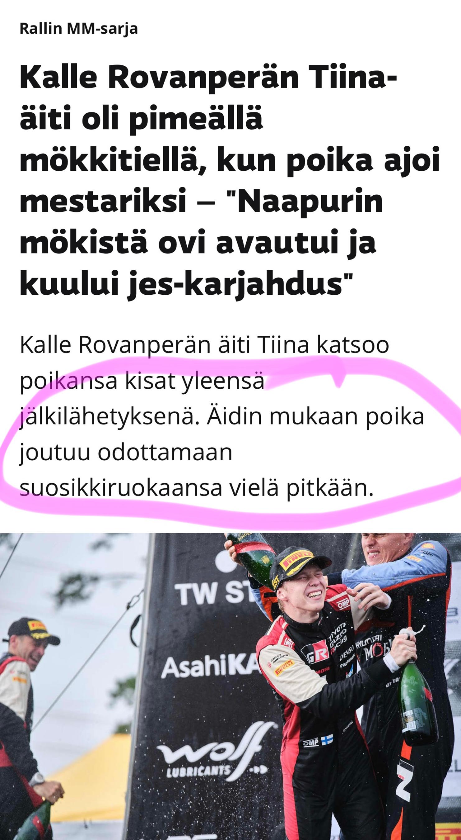 Yle Urheilun uutinen Kalle Rovanperästä.