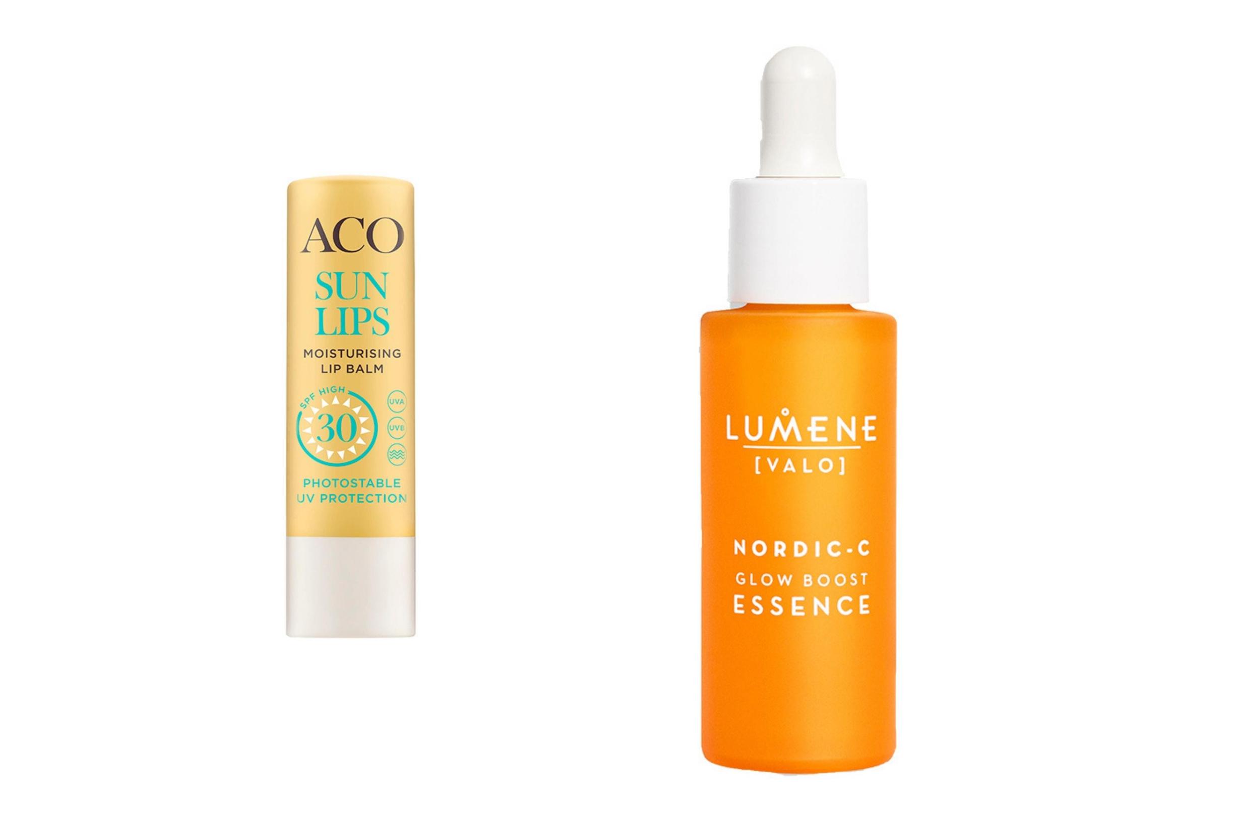 Luottokaveri huulille: ”Keltainen huulivoide on kuulunut luottotuotteisiini vuosikausia. Se on sopivan kevyt ja jättää ihanan pehmeän tunteen.” Aco Sun Lips SPF 30, 6,50 e. Päivän aloittaja: ”Hyaluronitiiviste piristää ja virkistää ihoa. Aamun hoitorutiinit antavat sellaisen tunteen, että päivä lähtee kunnolla käyntiin.” Lumene Kirkastava & silottava hyaluronitiiviste Nordic-C Valo 29,90 e.