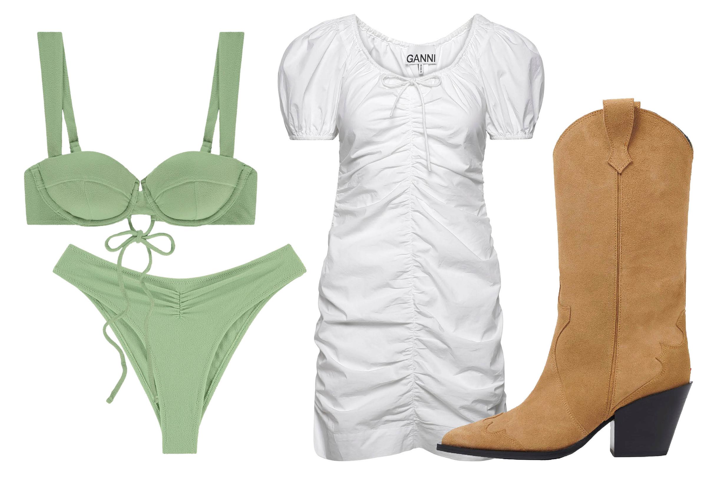 Bikinien yläosa 52 e ja alaosa 48 e, Aya Label. Puuvillamekko 165 e, Ganni. Mokkabuutsit 545 e, Aeyde.