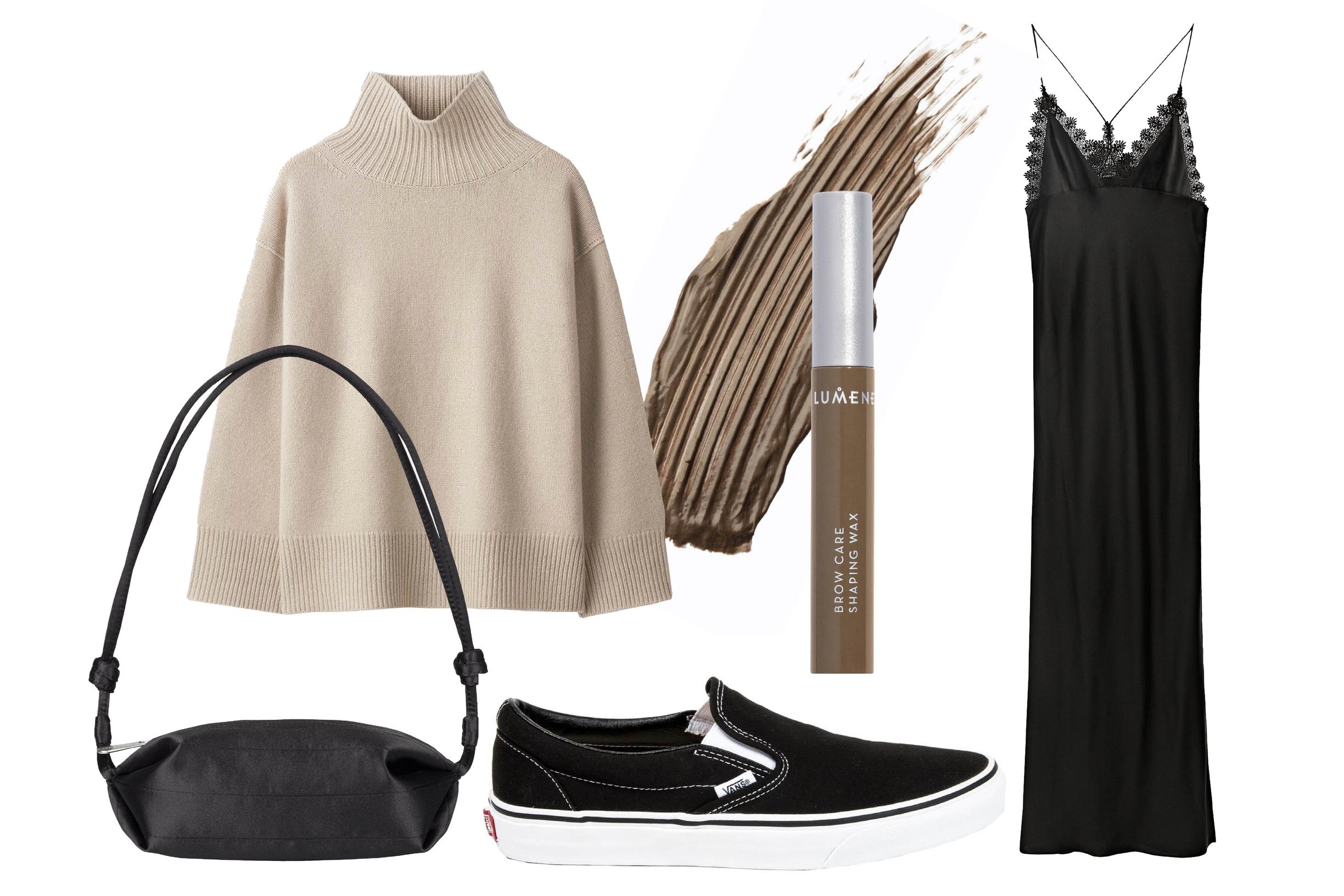 Kašmirpoolo 365 e, Soft Goat.  Satiininen Karla-laukku 155 e, Marimekko. Brow Care -kulmien muotoilu­vaha 10 e, Lumene.  Slip-on tennarit 70 e, Vans. Pitkä silkkimekko 199 e, Massimo Dutti.