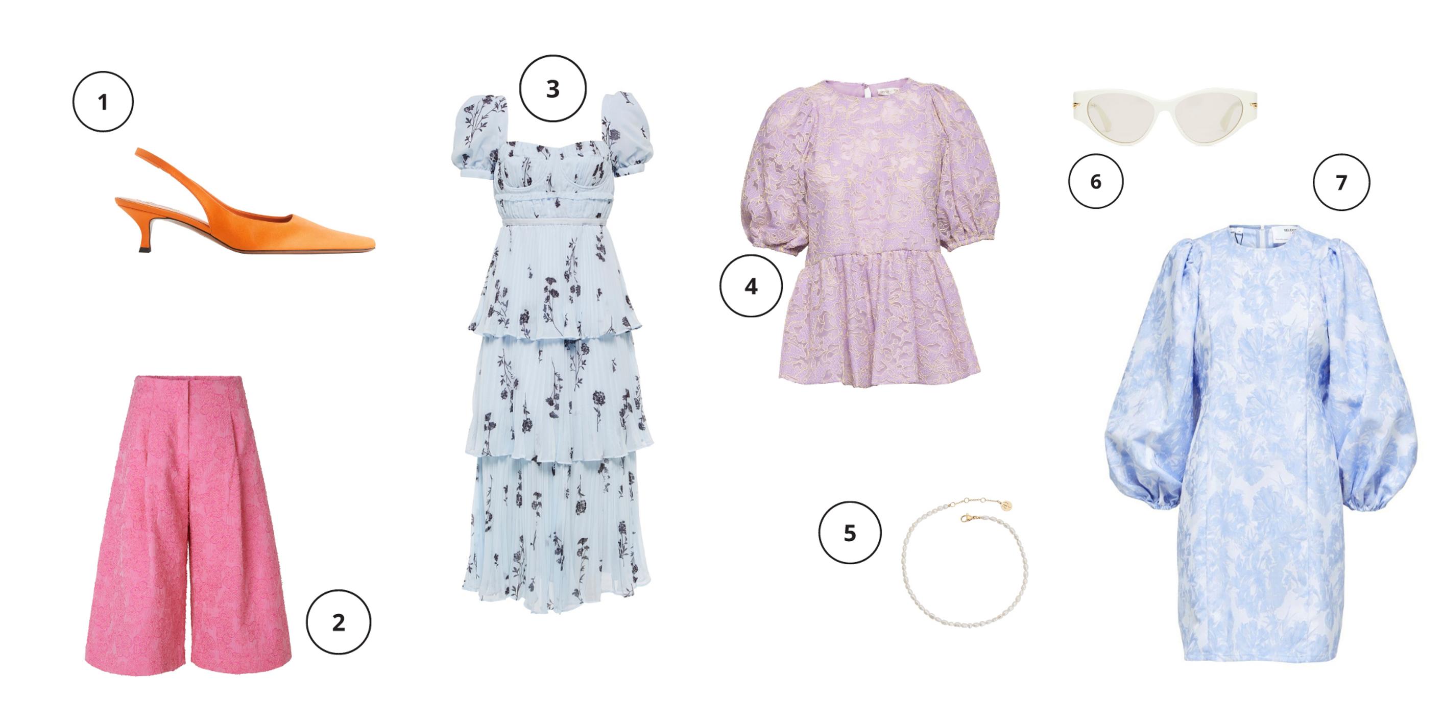 1. Satiiniset avokkaat 175 e, Arket. 2. Culottes-housut 229 e, Baum und Pferdgarten. 3. Kukallinen mekko 450 e, Self-Portrait. 4. Pitsipusero 240 e, Stine Goya. 5. Nilkkakoru, 40 e, Edblad. 6. Aurinkolasit 330 e, Bottega Veneta. 7. Lyhyt mekko 90 e, Selected Femme.