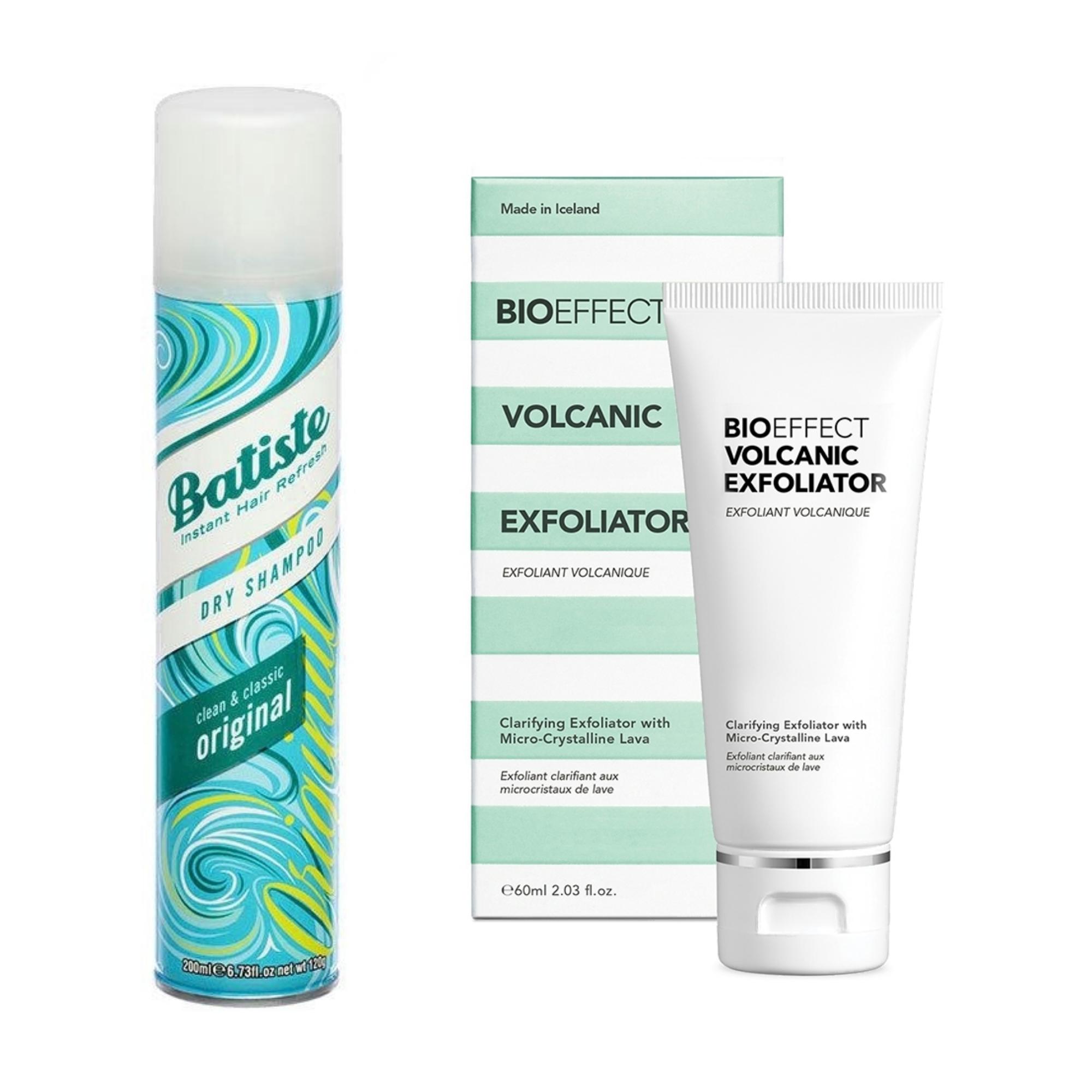 Hiusten pikapesu ”Olen mukavuudenhaluinen enkä pese tukkaa joka päivä, ellei ole pakko. Kuivasampoo raikastaa hiukset nopeasti. Pidän sitä mukana treenikassissa ja matkoilla.” Batiste Original Dry Shampoo 6,90 e. Hellä couperosalle ”Suosin hellävaraisia mutta tehokkaita kuorintoja, sillä minulla on couperosa-iho. Kuorin tällä ihoni kerran viikossa ja laitan sen jälkeen naamion.” Bioeffect Volcanic Exfoliator 45 e.