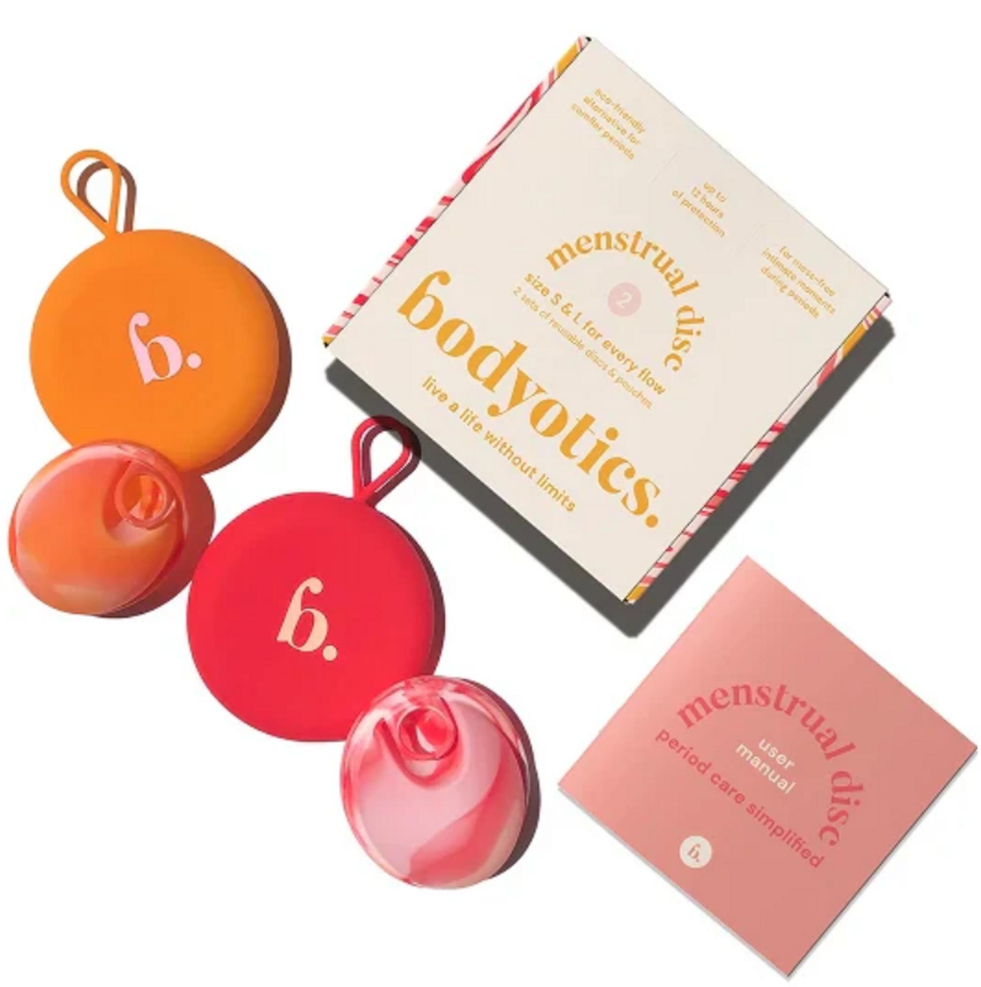 Kuukautislevyjäkin tekee useampi valmistaja. Bodyoticsin paketissa on aina kaksi erikokoista kuukautislevyä.