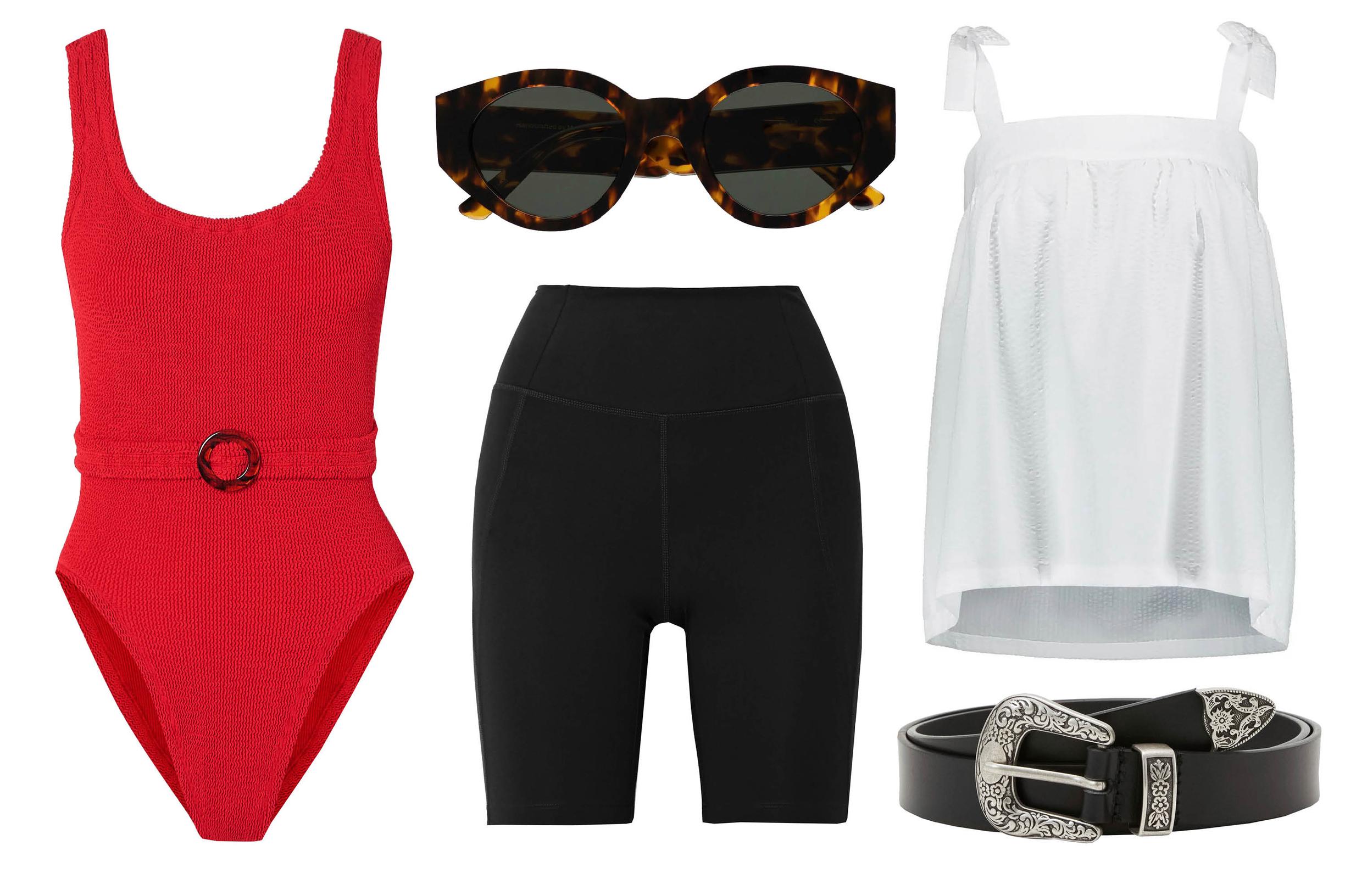 Uimapuku 193 e, Hunza G. Polly-aurinkolasit 150 e, Monokel. Biker-sortsit 50 e, Girl­friend Collective. Puuvillatoppi 39 e, Gauhar.  Vyö 23 e, Zign/Zalando.