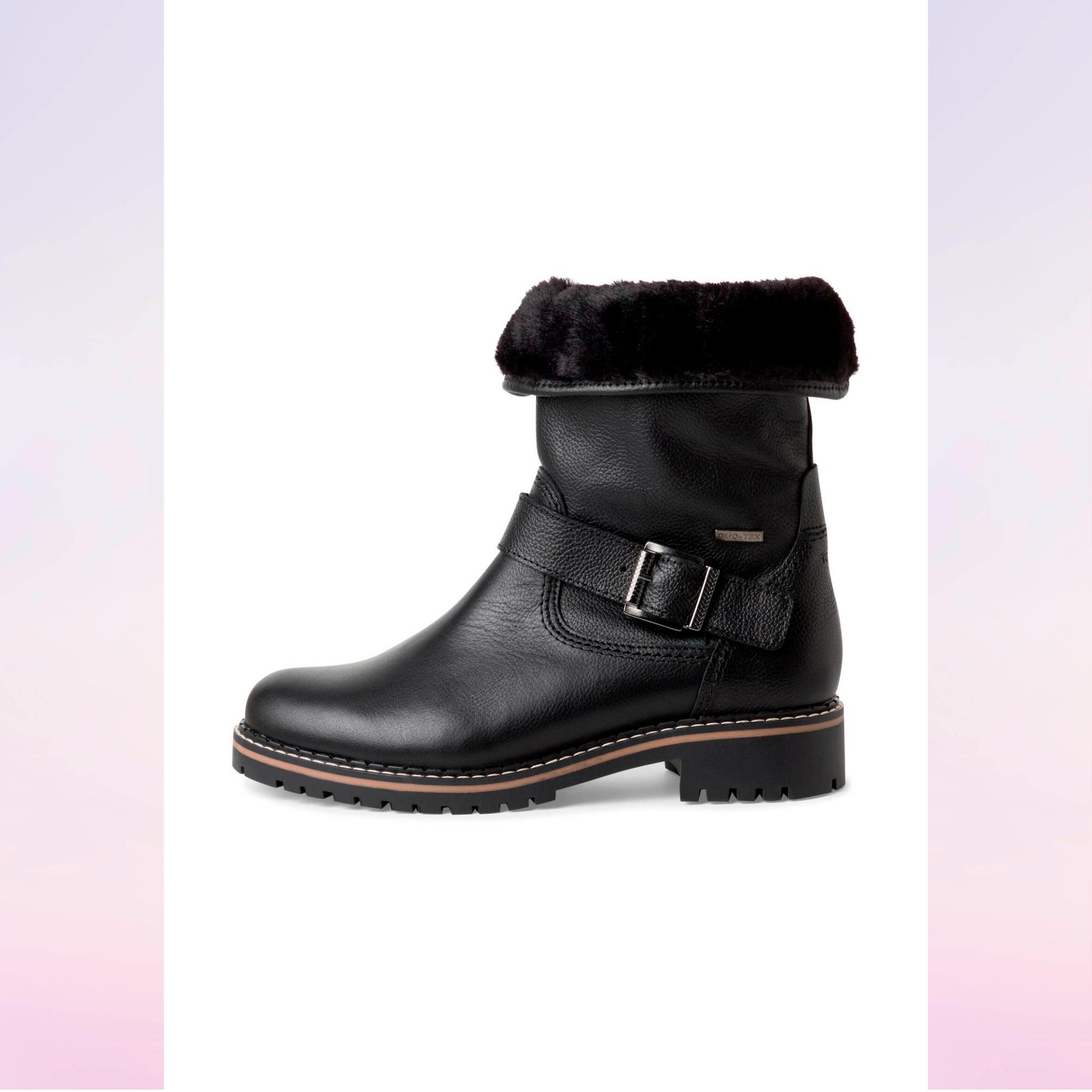 Nahkanilkkureissa (37–41) on vettä hylkivä kalvo. Sivuvetoketjut helpottavat nilkkureiden pukemista jalkaan. 155 e, Tamaris/Sokos.