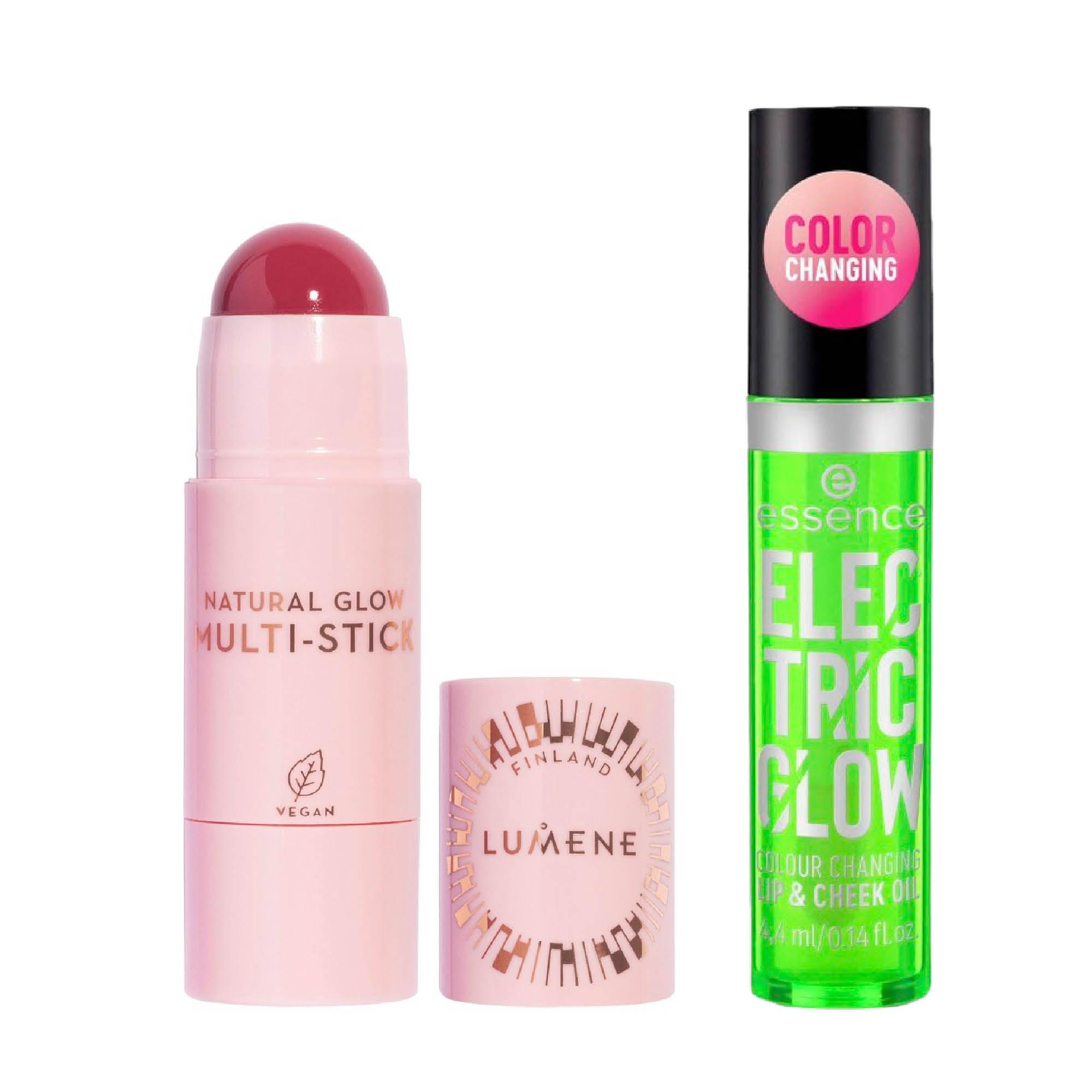 Natural Glow -voidemainen meikkipuikko, sävy Fresh Pink, 20,90 e, Lumene. Electric Glow Colour Changing -väriä vaihtava huuli- ja poskiöljy 4 e, Essence.