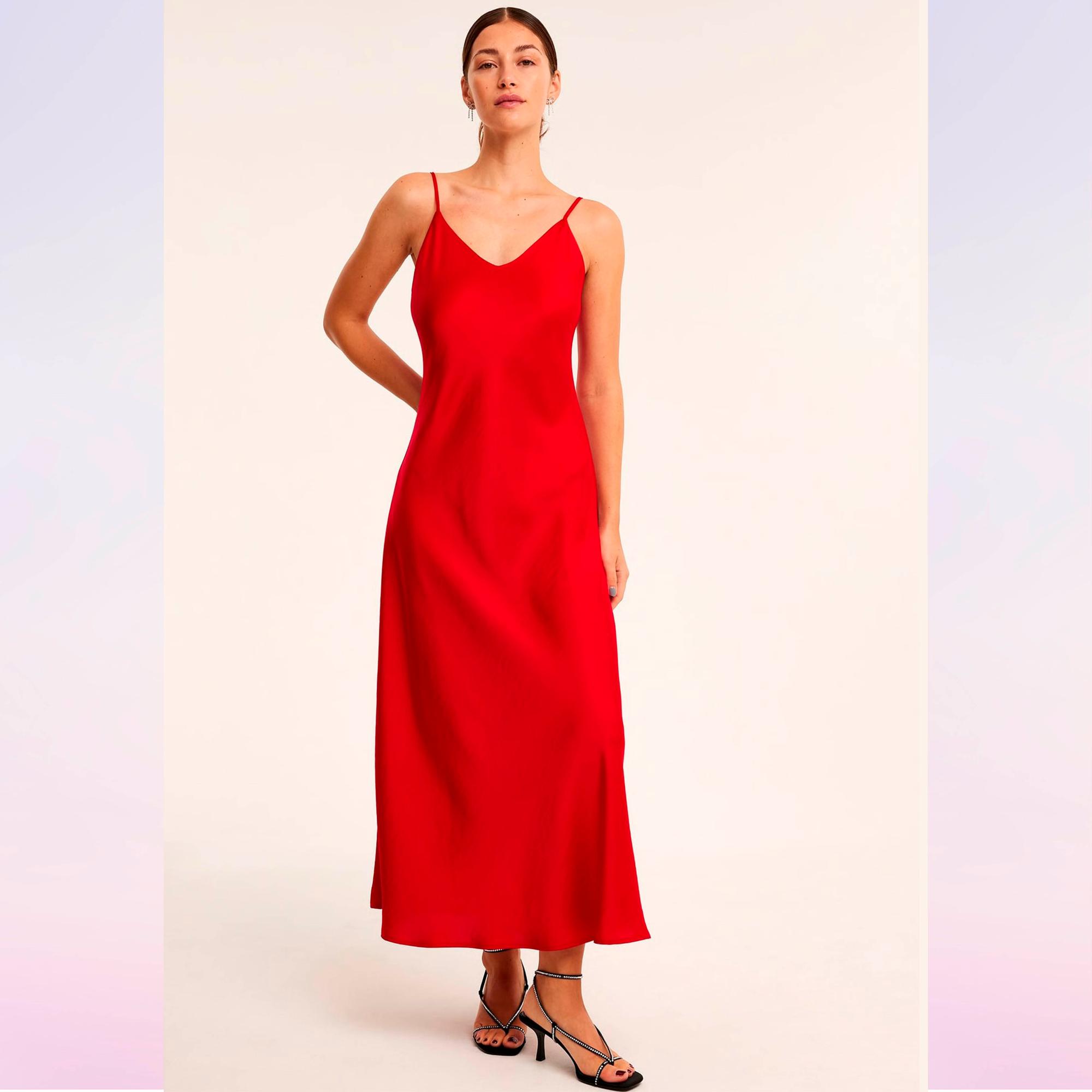 Satiinimekon (XS–XL) selässä on solmittava yksityiskohta. Mekko on saatavilla myös mustana. 49,99 e, Kappahl.