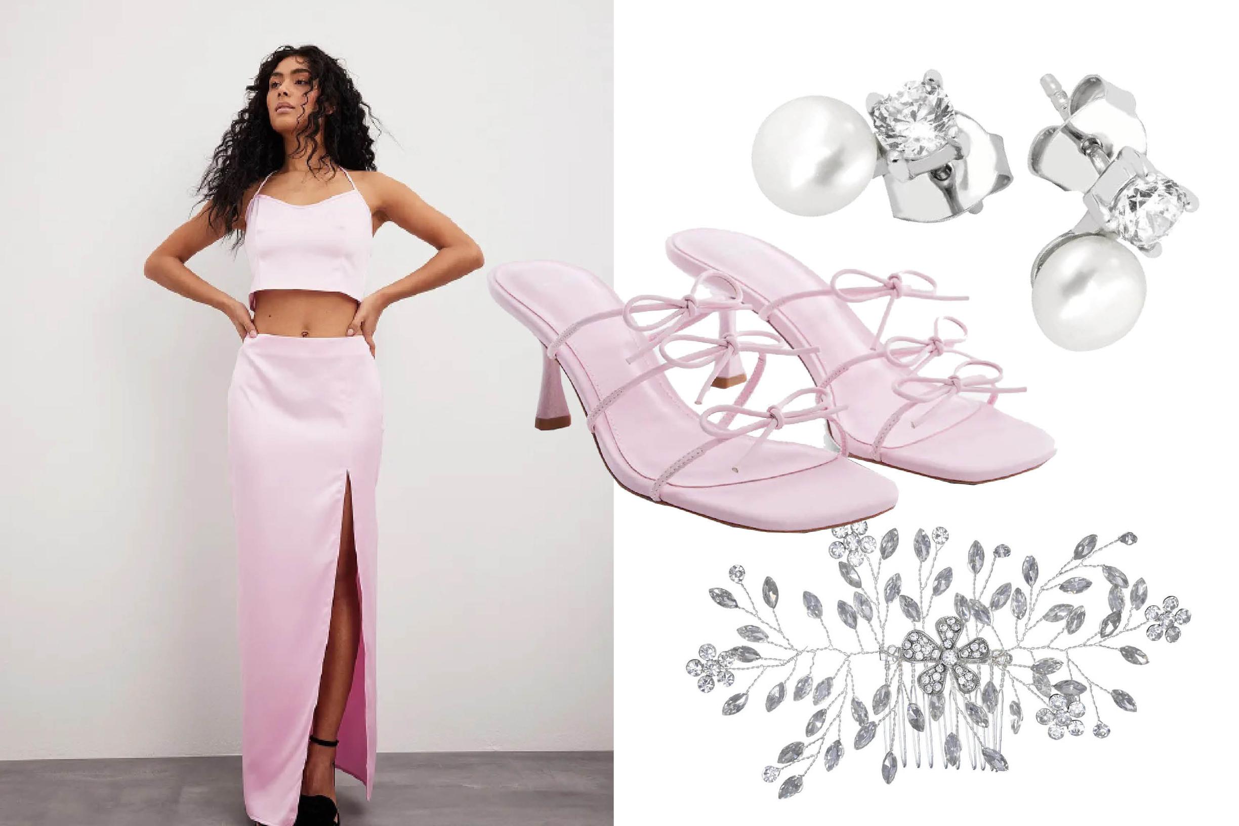 Toppi 14,95 e ja hame, 29,95 e, Nakd. Pinkit korkokengät 59,99 e, Mango. Hopeiset helmitappikorvakorut 35,00 e, Lykka. Hiuskoriste 29,99 e, Ninja.