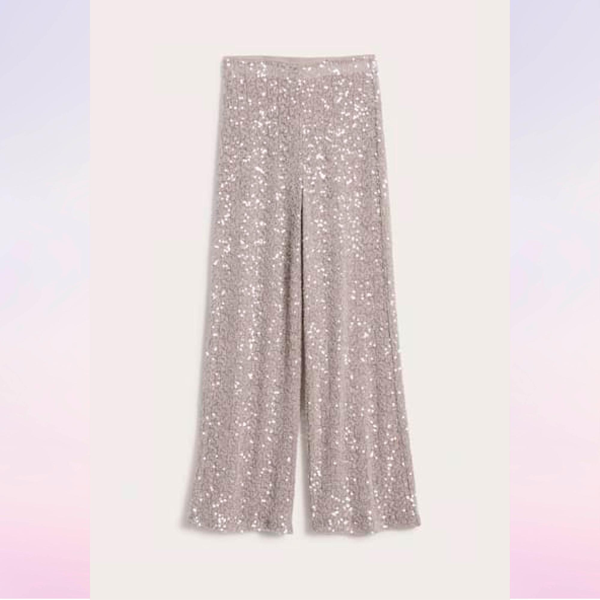 Paljettihousut (S–XL) on valmistettu kierrätetystä polyesterista. Housut on saatavilla myös mustana. 59,99 e, Kappahl.