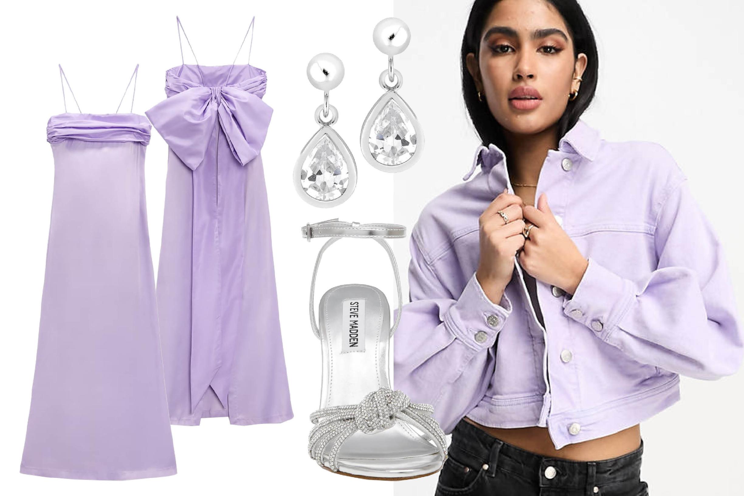 Bridgerton kNauhaolkaiminen mekko 59,95 e, Zara. Kyynelkorvakorut 49 e, Lykka. Hopeanväriset kimallekorkokengät 119,99 e, Steve Madden. Lila farkkutakki 233,50 e, Boss.ausi 2