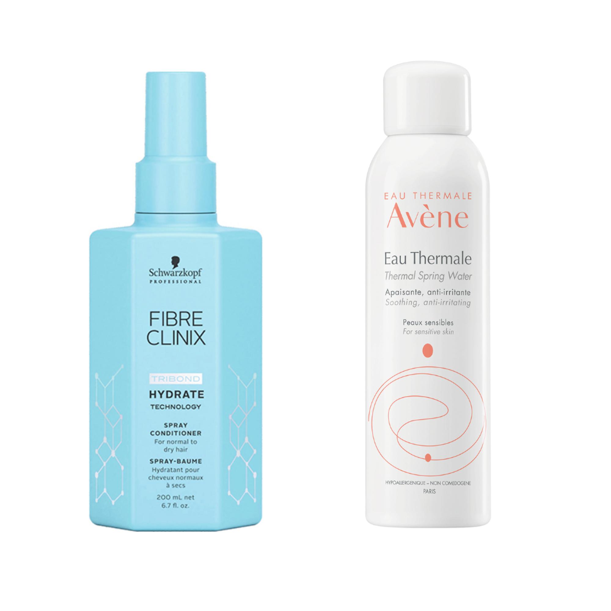 Takkujen tuho: ”Paksut hiukseni takkuuntuvat helposti. Tämä jätettävä hoitoaine selvittää hiukset, silottaa ja tuo kiiltoa.” Schwarzkopf Fibre Clinix Hydrate Spray Conditioner 20,90 e. Kasvojen piristys: ”Suihkautan lähdevettä kasvoilleni, kun tarvitsen piristystä ja kosteutusta. Se ei sotke meikkiä ja piristää ihoa paremmin kuin kahvi.” Avène Thermal Spring Water Spray 10,40 e.