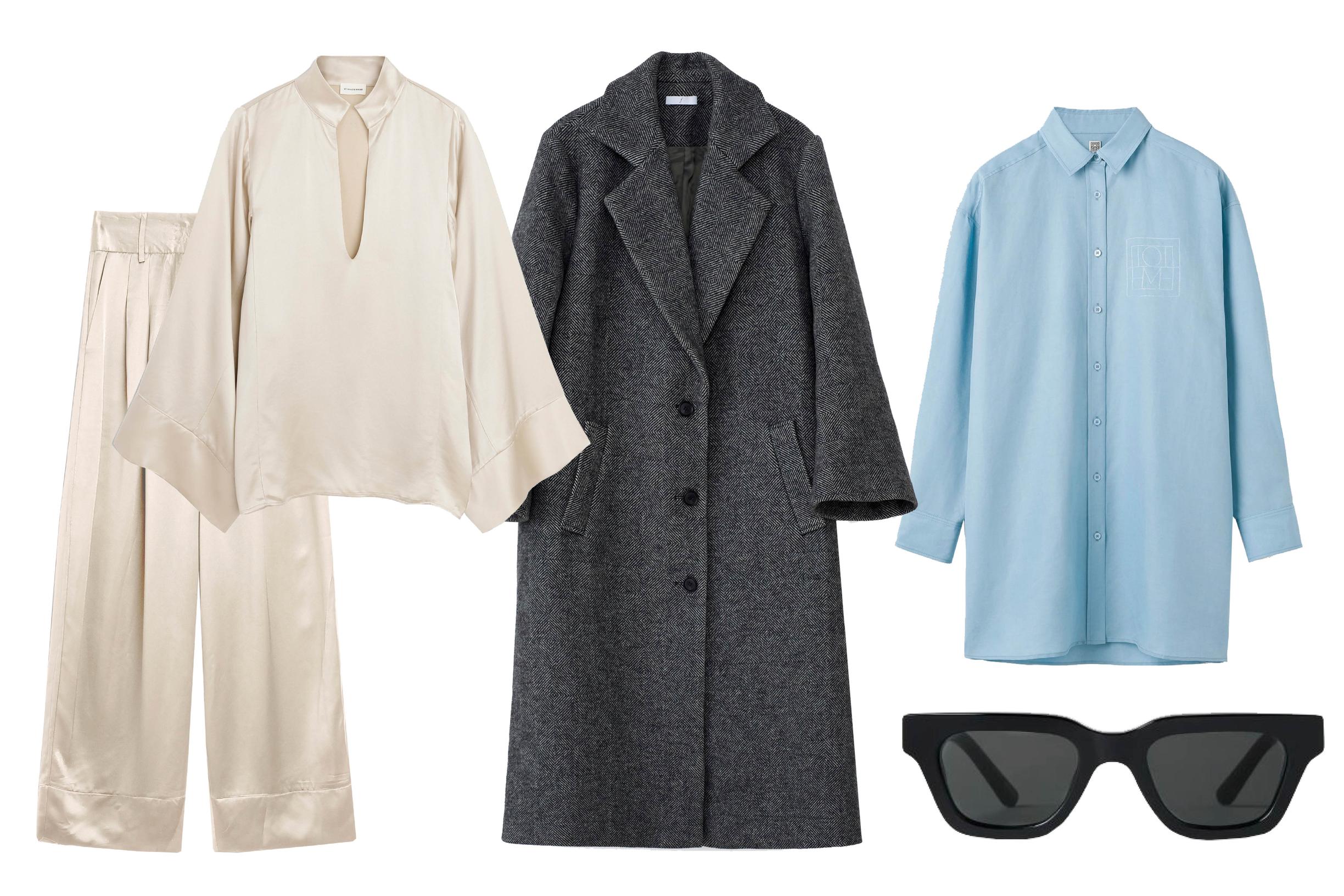 Satiinipaita 320 e ja housut 340 e, By Malene Birger.  Väljästi istuva villasekoitetakki 395 e, Filippa Hägg. Pitkähelmainen kauluspaita 350 e, Totême Manta-aurinkolasit 150 e, Chimi.