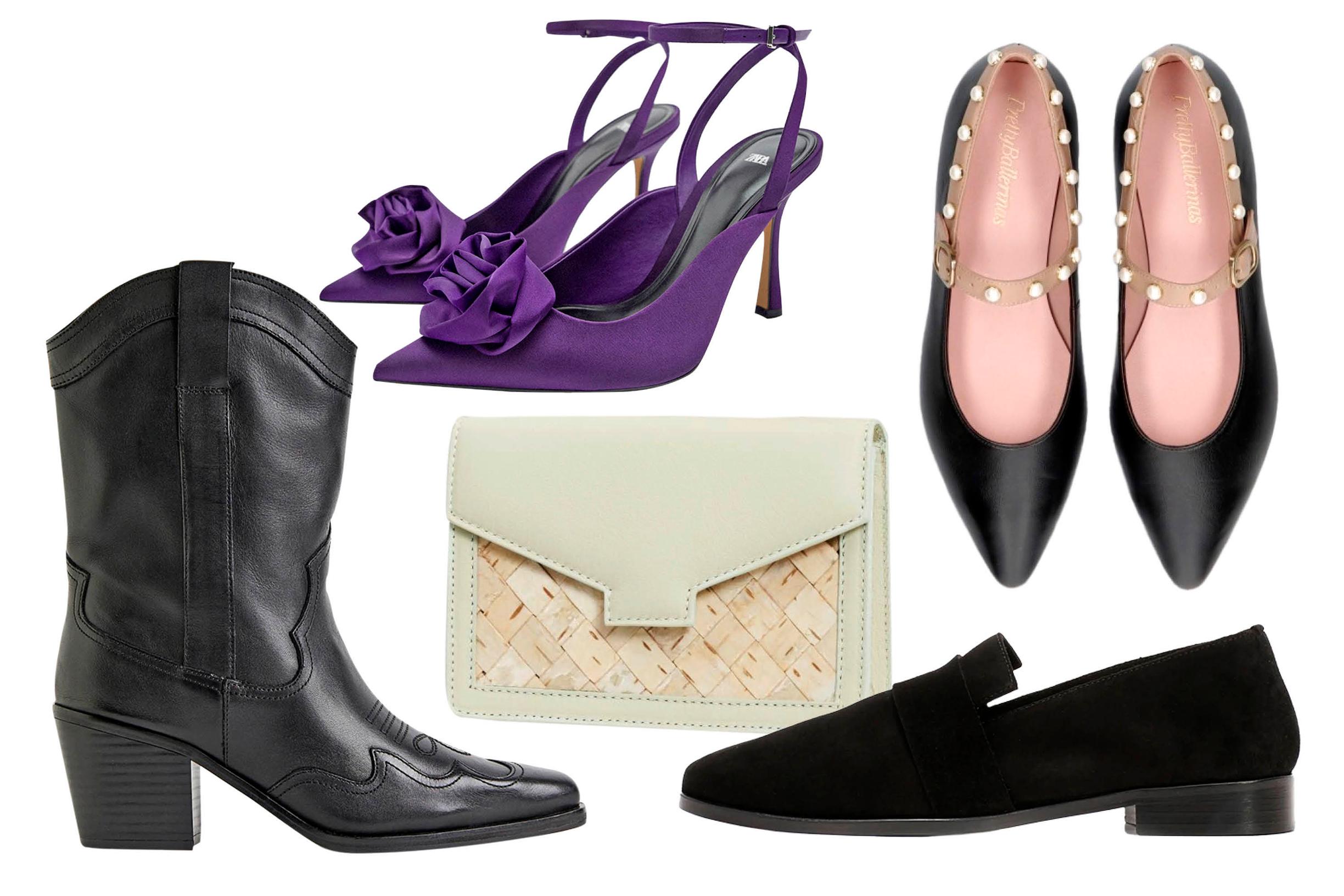 Premium Selection -nahkasaappaat 119 e, H&M. Kukkakoristeiset korkeakorkoiset kengät 59,95 e, Zara. Lovia Hilla Valkoinen koivu -vyölaukku 320 e. Tyra-ballerinat 249 e, Pretty Ballerinas. Victoria- mokkaloaferit 275 e, Terhi Pölkki.