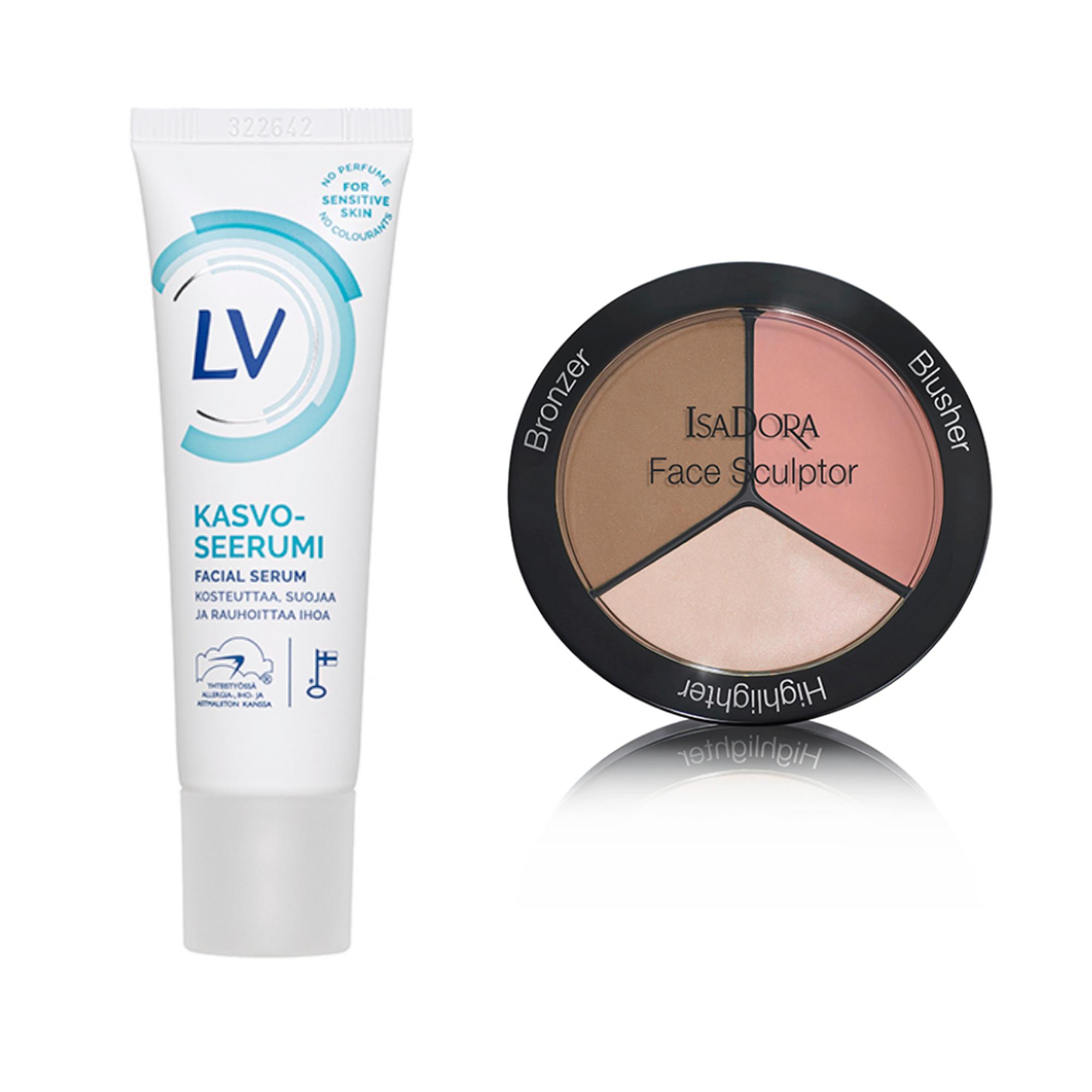 Herkkikselle sopiva: ”Ihoni on herkistynyt ikääntyessäni. Hajusteeton ja väriaineeton seerumi sopii minulle. Se heleyttää, kosteuttaa ja toimii meikin alla. Ammattimeikkaajatkin käyttävät tätä.” LV Kasvoseerumi 6,50 e. Kasvojen muotoilija: ”Kasvojen muotoilupaletti on ehdoton suosikkini. Siinä on todella hyvä aurinkopuuteri, poskipuna ja korostusväri. Tuote on myös edullinen.” Isadora Face Sculptor -paletti 27,90 e.
