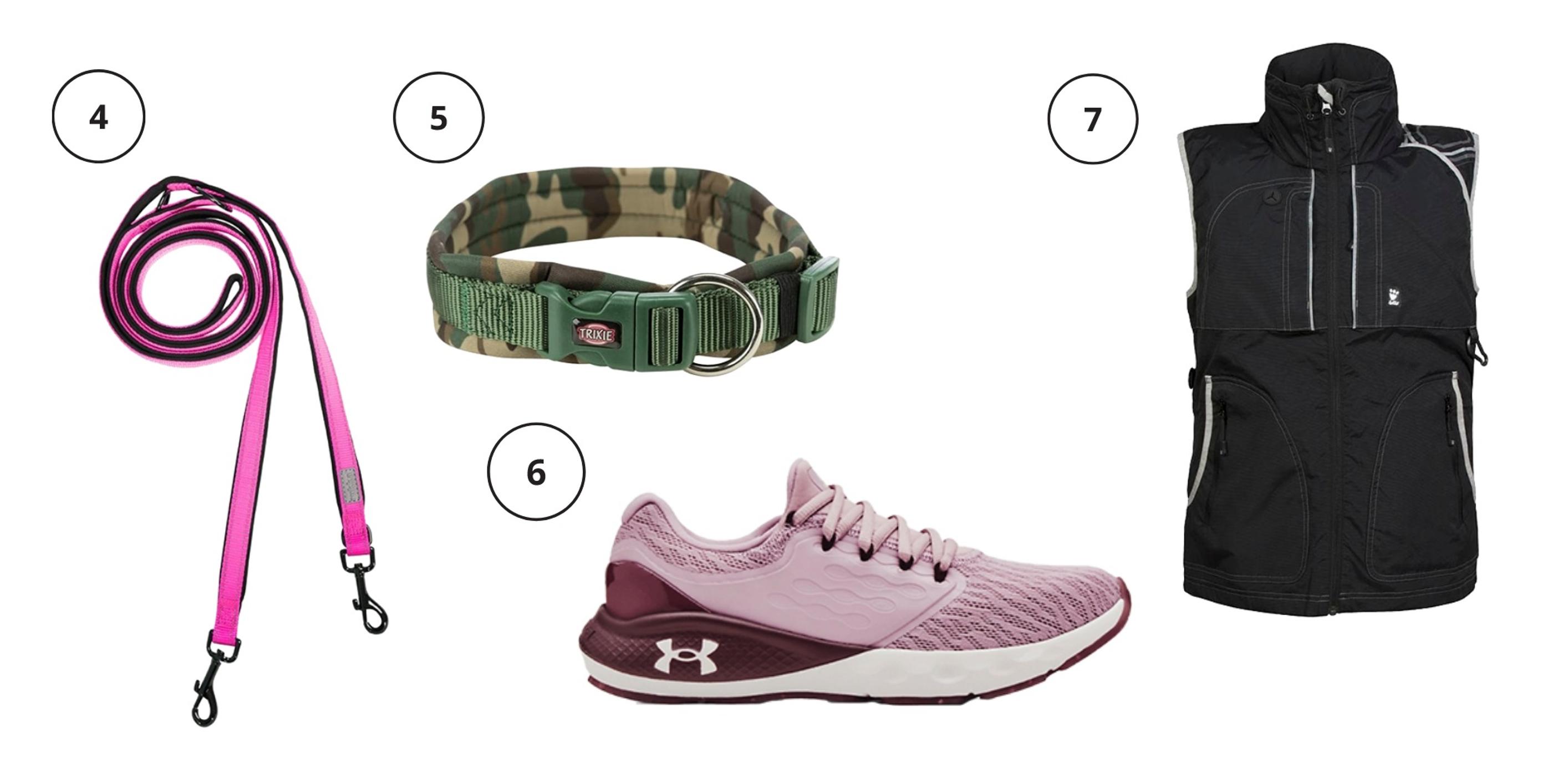 4. Säädettävä monitoimitalutin on pehmeä ja mukava kädessä. Siinä on heijastavat yksityiskohdat. Rukka Pets Solid Multi -hihna 26,90 e, rukkapets.fi. 5. Säädettävässä pannassa on helppo­käyttöinen pikalukko. Trixie Camo 11,99 e, petenkoiratarvike.fi. 6. Pitävät ja tukevat tennarit eivät lipsu nopeissakaan käänteissä. Under Armour UA Charged Vantage 79,99 e, stadium.fi. 7. Vedenkestävän treeniliivin isoihin taskuihin mahtuu kaikki tarpeellinen, kuten koiranamit. Hurtta Outdoors -treeniliivi 80 e, petster.fi.