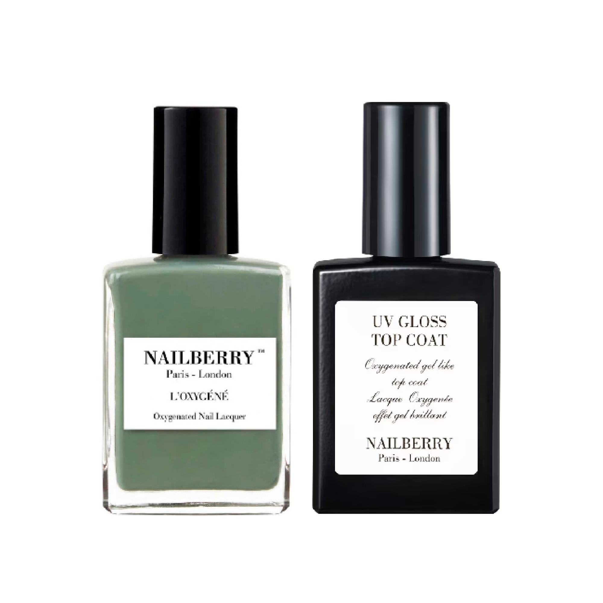 L’Oxygéné-kynsilakka, sävy Love You Very Matcha 23 e ja UV Gloss -päällyslakka 23 e, Nailberry.