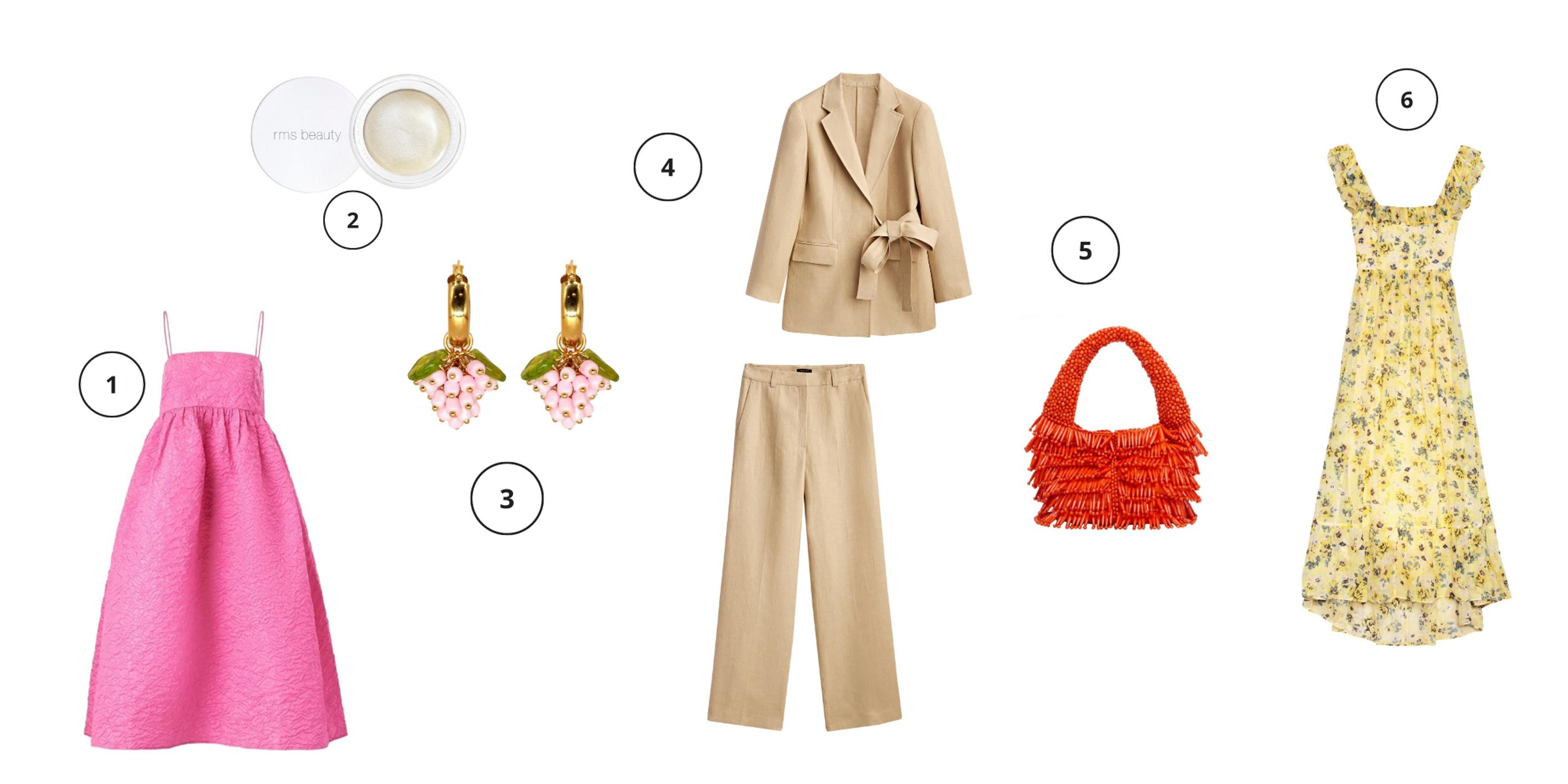 1. Volyymimekko 100 e, Ellos. 2. Living Luminiser -korostusvoide 40 e, RMS Beauty. 3. Vadelma-korvikset 155 e, Annele. 4. Pellavajakku 160 e ja housut 90 e, Massimo Dutti. 5. Helmikoristeltu pikkulaukku 50 e, Mango. 6. Kukkamekko 320 e, by Malina