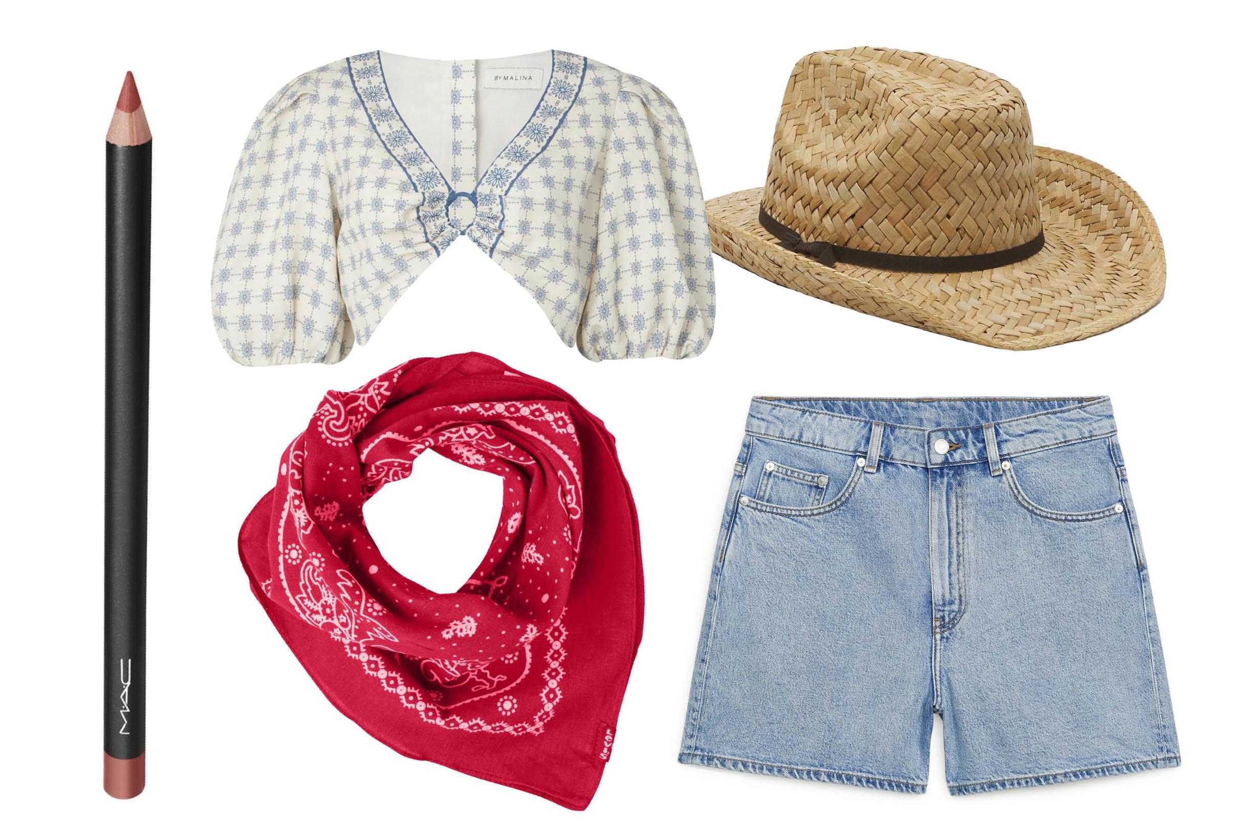 Huultenrajauskynä, sävy Spice, 21 e, Mac. Toppi pellavasekoitetta 220 e, By Malina.  Bandana huivi 15 e Levi’s. Punoshattu 55 e, Brixton. Farkkusortsit 49 e, Arket.