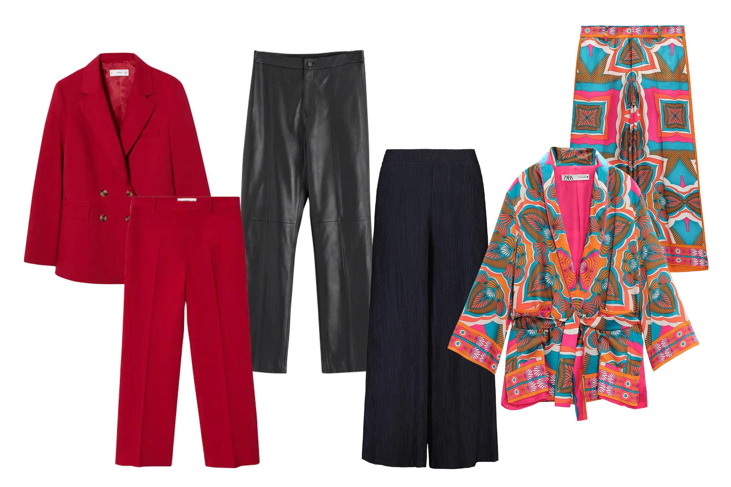 Plus Double Breasted Blazer (XXS–4XL) 59,99 e ja Straight Suit Trousers (32–54) 59,99 e, Mango. Premium-nahkahousut (34–44) 249,99 e, Lindex. Leveälahkeiset housut (34–50) 199 e, Voglia. Printtikimono vyöllä (XS–XL) ja printtikuvioiset culottesit (XS–XL) 49,95 e/osa, Zara.