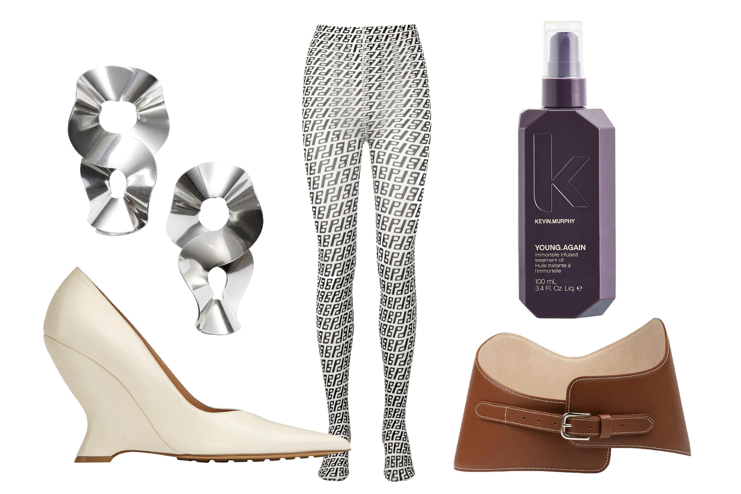 Vetovoima-korvakorut 290 e, Kalevala. Kiilakorot 790 e, Bottega Veneta. Sukkahousut 39 e, Baum und Pferdgarten. Young Again -hoitoöljy 32 e, Kevin Murphy. Vyö 295 e, Little Liffner.