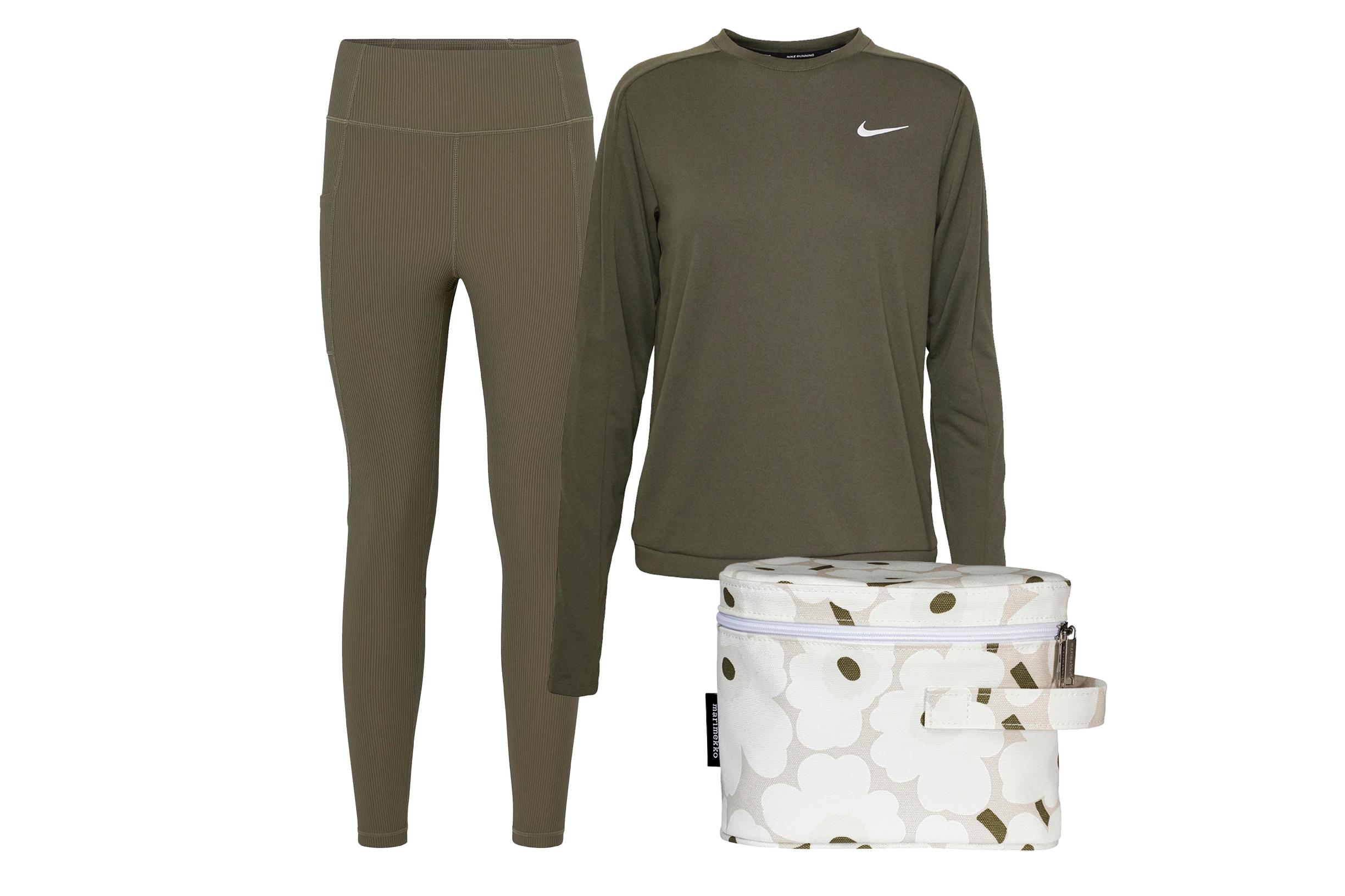 1. Korkeavyötäröiset trikoot istuvat napakasti vauhdikkaimpienkin liikkeiden aikana. Agnes Cecilia Studio Urheilusukkahousut Rib Tights 59,99 e, ellos.fi. 2. Nopeasti kuivuva collegepaita tuntuu miellyttävältä ja lämpimältä hikisen jumpan jälkeisissä loppuvenyttelyissä. Nike Performance Pacer Crew 37,95 e, Zalando.fi. 4 5. 3. Puuvillamarkiisista valmistettuun kosmetiikkalaukkuun mahtuvat kaikki tarvittavat pesuvälineet. Siinä on kätevä kantokahva ja näppärät taskut pikkutavaroille. Marimekko Vuolu Mini Unikko 99 e, marimekko.com.