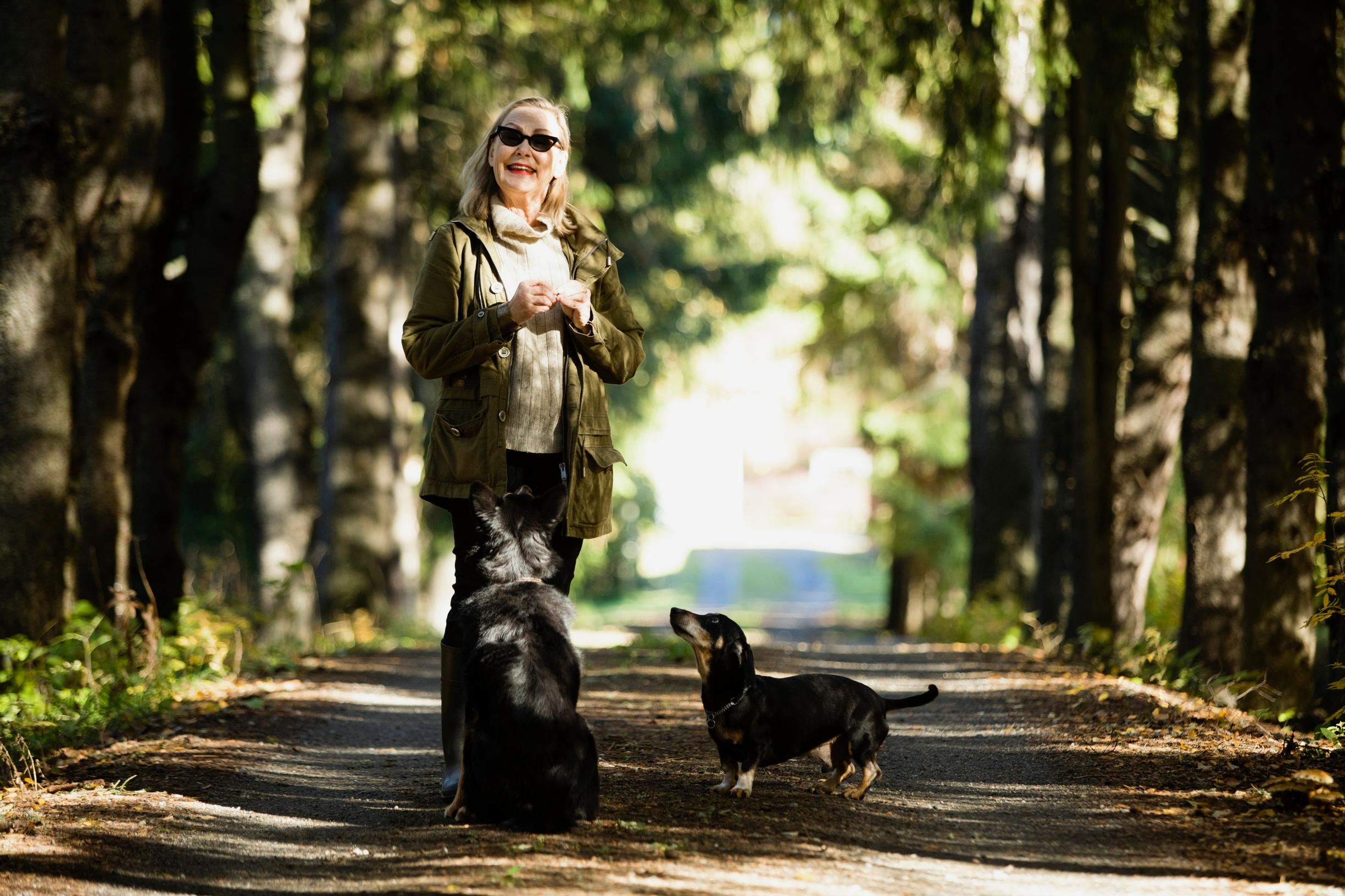 Kaksi koiraa, mäyräkoira ja lapinporokoira, ovat emäntänsä silmäteriä.