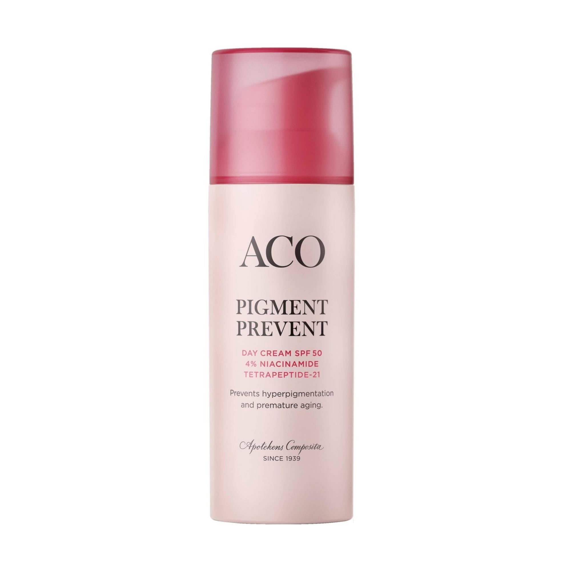 Päivävoide vahvistaa ja kosteuttaa ja sen niasiiniamidi tasoittaa ihon sävyä. Auttaa ehkäisemään uusia pigmenttimuutoksia. Herkälle iholle. Aco Pigment Prevent Day Cream SK 50 -päivävoide 25 e.