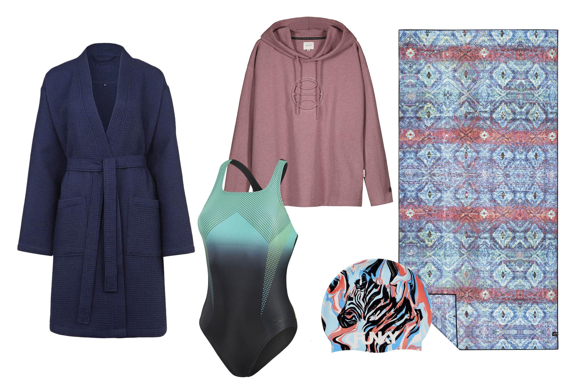 1. Kylpytakki pelastaa vilukissan uimahallissa. Puuvillainen vohvelikangas on kevyt ja imee hyvin kosteutta. Vossen Rom Unisex 39,95 e, Zalando.fi. 2. Napakan uimapuvun materiaalista yli puolet on kierrätettyä polyesteriä. Speedo Digital Placement Medalist W 74,90 e, Intersport. 3. Huppari on mukava vetää päälle uintitreenien jälkeen. Eettisesti valmistettu vaate on kierrätettyä puuvillaa ja juomapulloista kierrätettyä polyesteriä. Aura 59 e, Globehope.com. 4. Seeprakuvioinen uimalakki tuo treeniasuun vipinää. Silikonimateriaali on kestävää ja estää parhaiten hiusten kastumista vesijuoksun aikana. Free Spirit 14,95  e, Uintikauppa.com. 5. Nopeasti kuivuva pyyhe on tehty kierrätetyistä pulloista. Kassia Quick Dry Towel 40 e, Slowtide.eu.