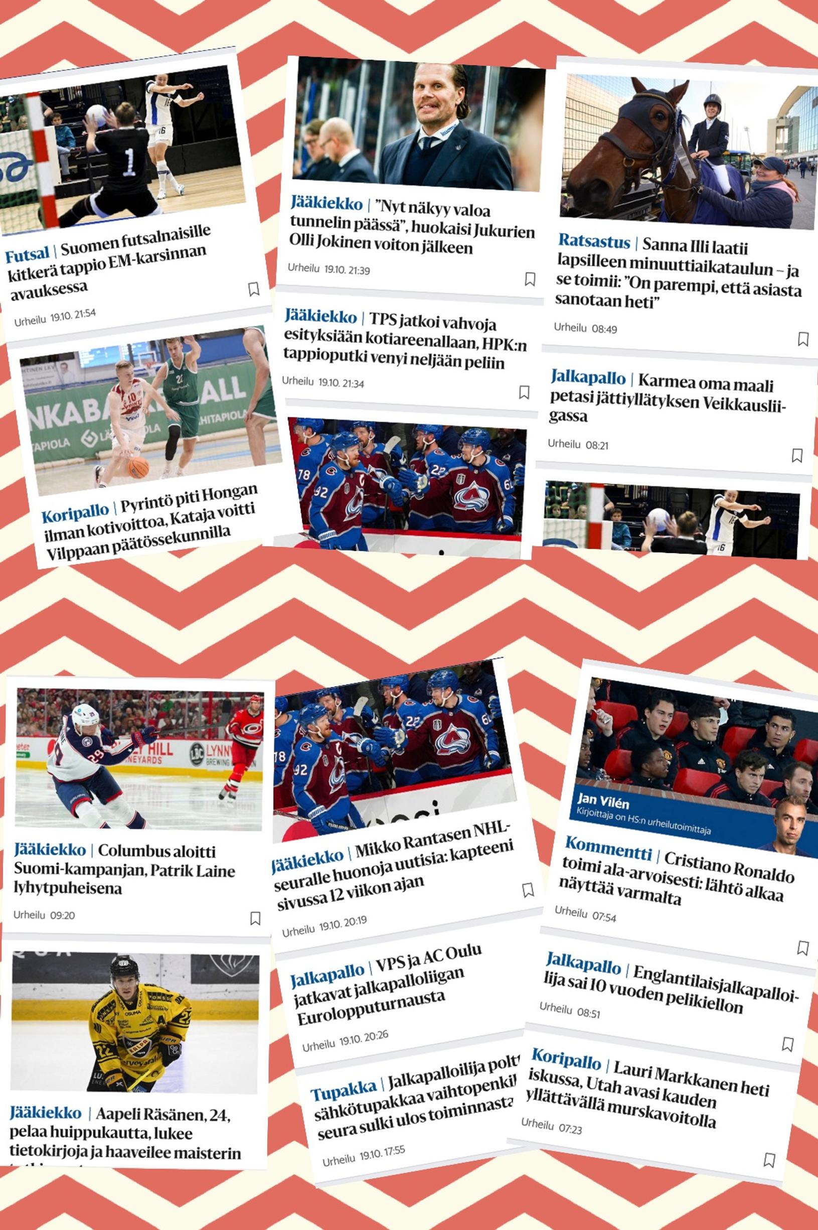 Kuvakaappaukset Helsingin Sanomien urheiluosaston jutuista.
