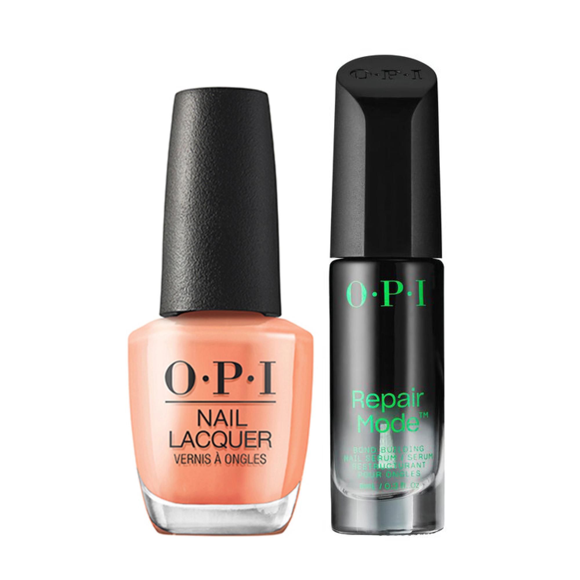 Your Way -kynsilakka, sävy Apricot, 16,40 e, ja Repair Mode -kynsienkorjauseerumi, 33 e, OPI.