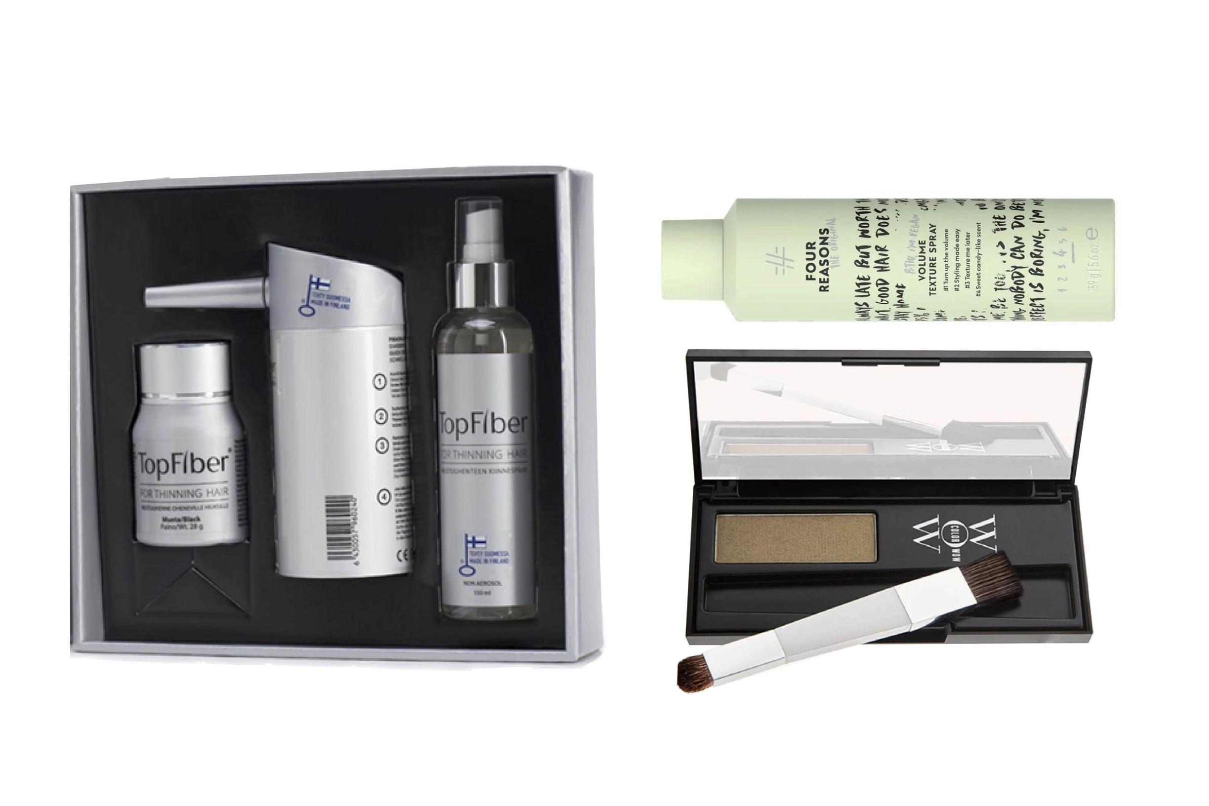 1. Suihkutettava hiustuuhenne kätkee harventuneita kohtia. TopFiber-aloituspakkaus 184 e, topfiberhair.fi. 2. Rakennesuihke kuohkeuttaa ohenevia hiuksia. Four ­Reasons The Original Volume Texture Spray 13,90 e. 3. Vedenkestävä sävypuuteri häivyttää aukkokohtia. Colorwow Root Cover Up 39,90 e.
