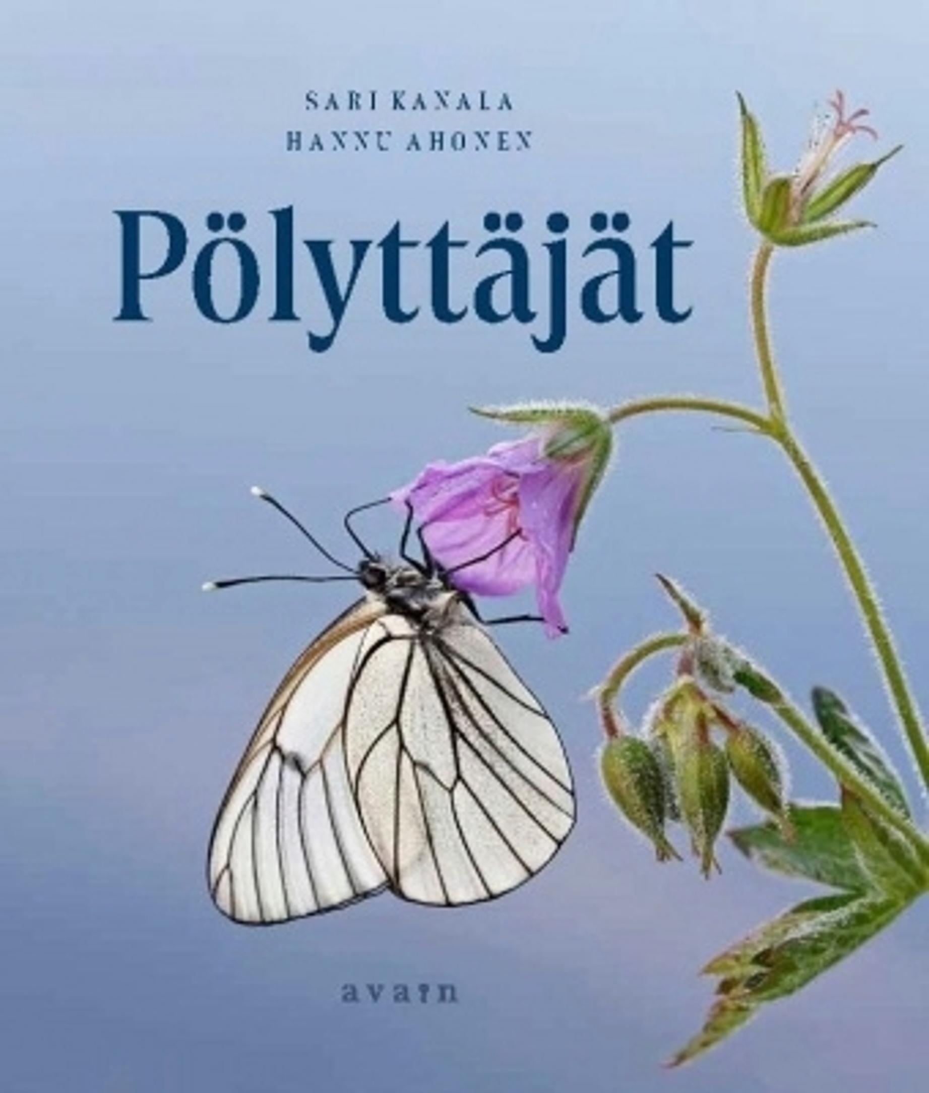 Kirjan kansi, jossa perhonen kukassa