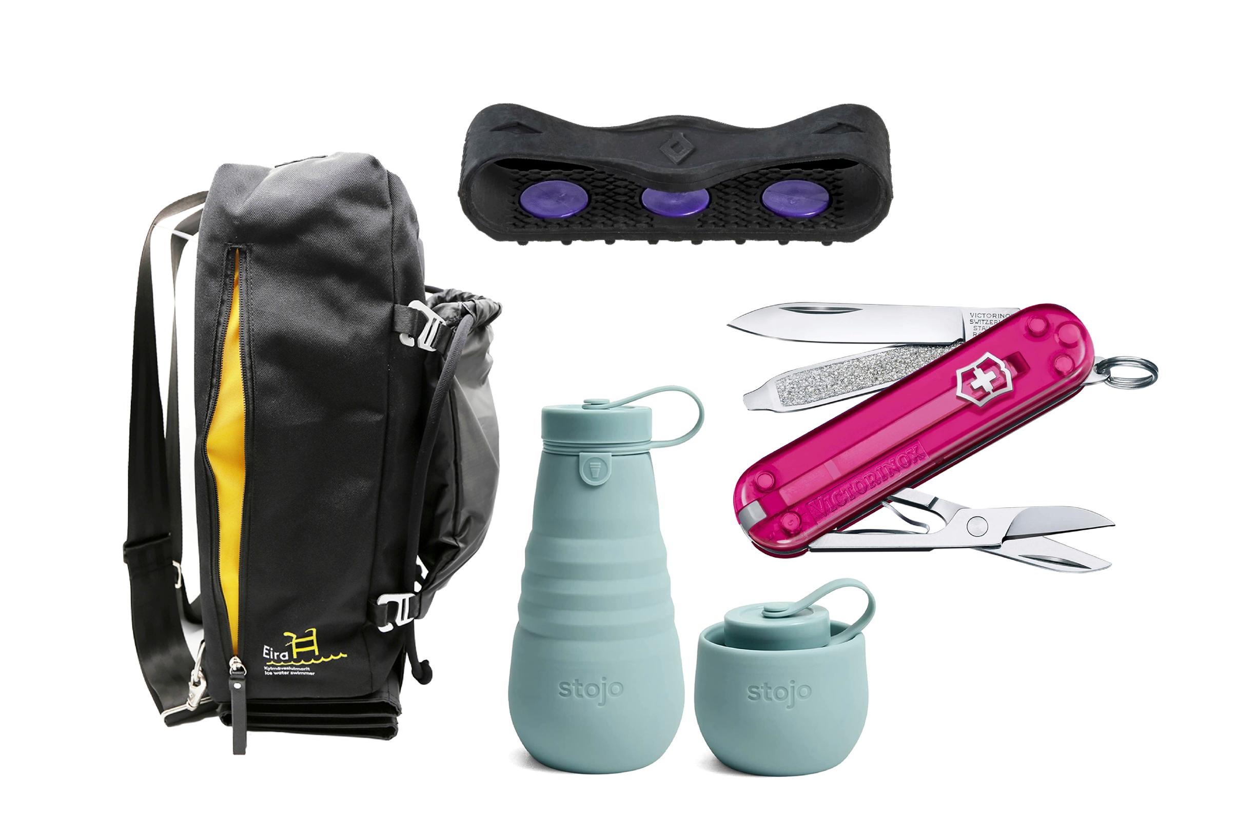 1. Avantouintirepun (20 l) vetoketjuvetimet eivät jäädy pakkasella sormiin kiinni. Märille ja kuiville tarvikkeille on omat osastonsa. Eira Ice Swimmer Bag 159 e, Lumi Accessories. 2. Sirot liukuesteet pitävät pystyssä liukkailla ja sopivat useimpiin kenkiin päkiän kohdalle. Springyard Frontgrip -liukuestepari 9,99 e. 3. Astianpesukoneen kestävä kokoontaittuva juomapullo (590 ml) on helppo pitää mukana. Stojo Collapsible Bottle 22 e, terrazerostore.com. 4. Minilinkkuveitsi ei jätä pulaan. Avaimenperässä kulkevat mukana sakset, kynsiviila, pinsetit, hammastikku, veitsi ja ruuvitaltta. Victorinox Classic SD Cuocake Dream 24,95 e.