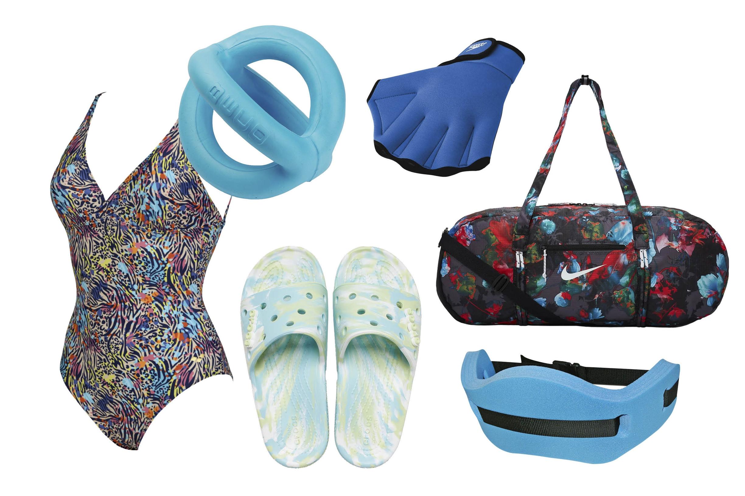 1. Sirolinjainen uimapuku sopii kevyeen urheiluun ja vapaa-aikaan. Arena U-Back All Multicolor 44,95 e, Aquaction.fi. 2. Pieni harjoitusväline parantaa koordinaatiota, voimaa ja kestävyyttä. Vastuksen voi laittaa jalkaan tai käteen. Aqua BeTomic 42 e, Klubbensport.fi. 3. Kevyissä pistokkaissa on pehmeä crosslite-pohja. Jokaisen sandaalin marmorikuviointi on uniikki. Classic Crocs Marbled Slide 34,99 e, Crocs. 4. Uimakäsineet tuovat treeniin lisää vastusta rasittamatta niveliä. Ne sopivat vesijuoksuun ja -jumppaan sekä uintiin. Speedo Aqua Glove 19,99 e, Valikoidut K-Citymarketit. 5. Kevyt urheilukassi kuivuu nopeasti. Kassin voi taitella kokoon sisätaskun sisälle, 32,99 e, Nike. 6. Kotimainen vesijuoksuvyö tukee asentoa ja helpottaa jumppaamista. Sitä voi käyttää uimahallissa ja luonnonvesissä. Aquarun Basic 13,95 e, Tokmanni.