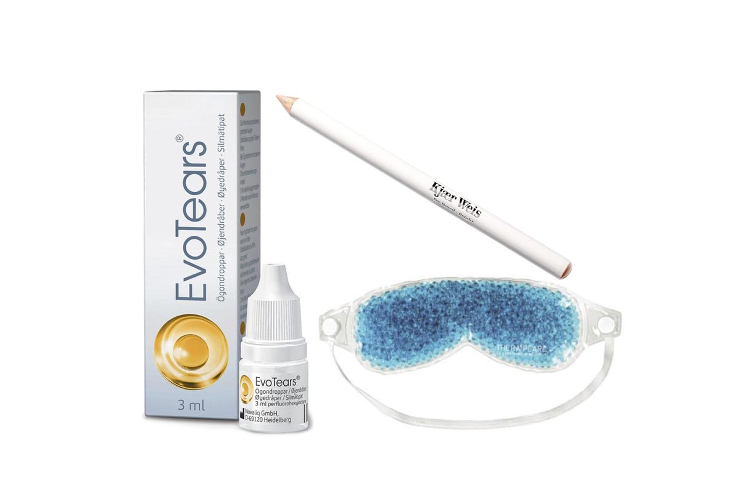 1. Rasvatipat voitelevat silmiä. Evotears 26,90 e. 2. Nude sisäkajaali häivyttää punoitusta. Kjaer Weiss Eye Pencil Bright 27 e. 3. Lämmitettävä silmähaude helpottaa kuivuutta. Thera Pearl Eye Mask 16 e.