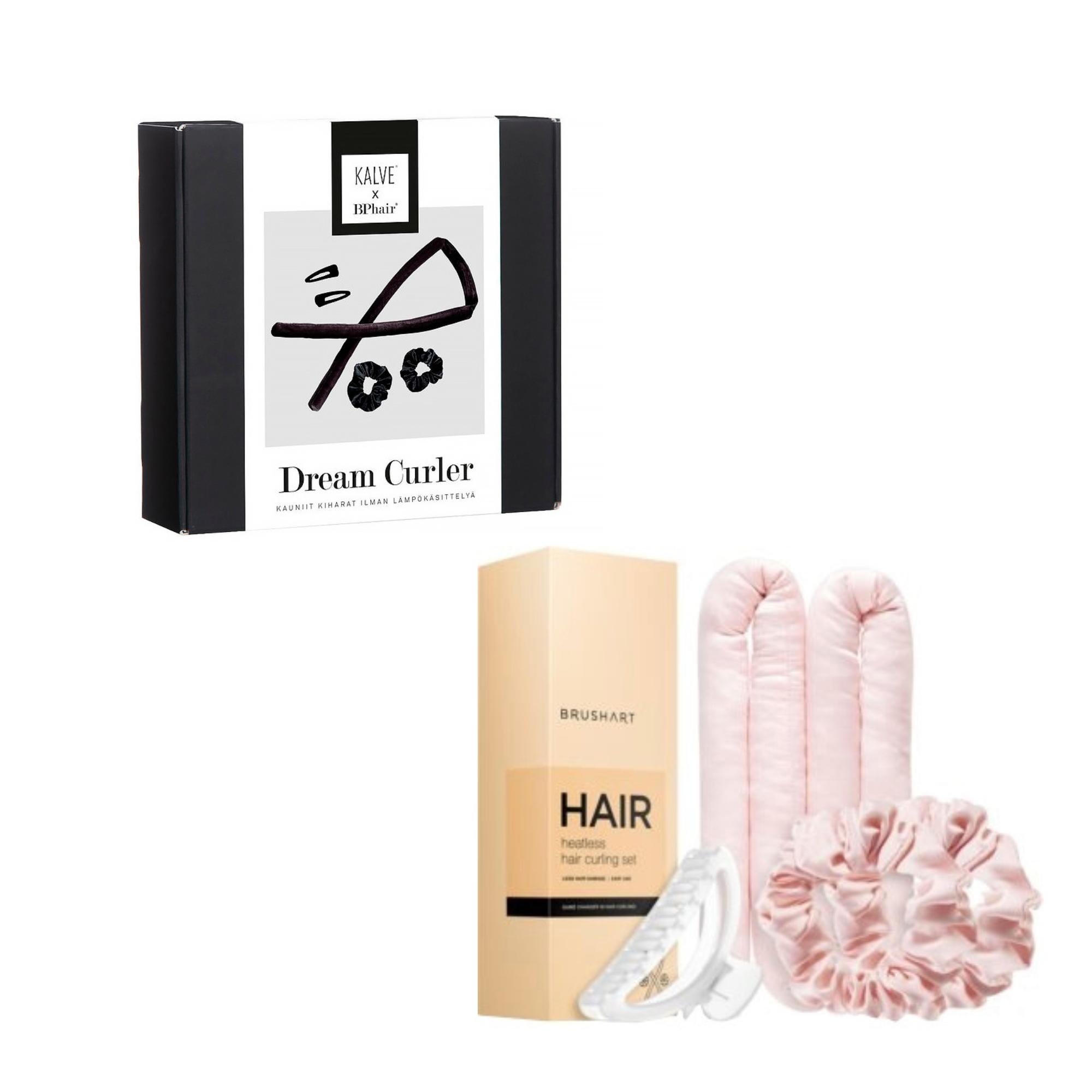 1. Kalve x BPhair Dream -kiharrussetti 24,90 e, BPhair/Sokos. 2. Heatless-kiharrussetti 16,90 e, BrushArt.