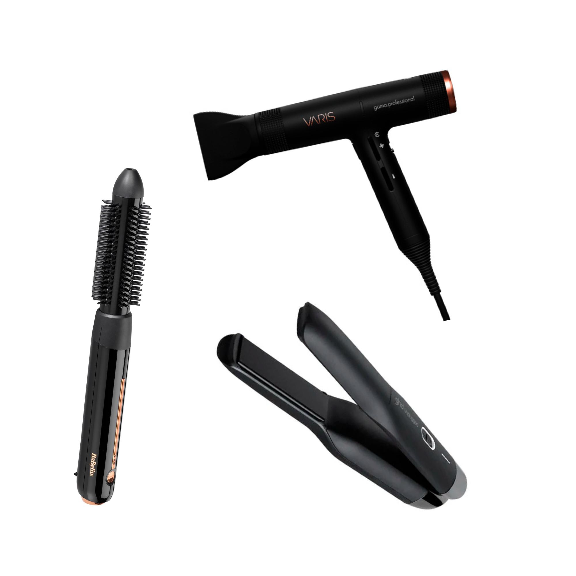 1. Cordless Hot Brush -lämpöharja 180 e, BaByliss/Lyko.fi. 2. Unplugged- hiustensuoristaja 345 e, GHD. 3. IQ-hiustenkuivaaja 339 e, Varis.