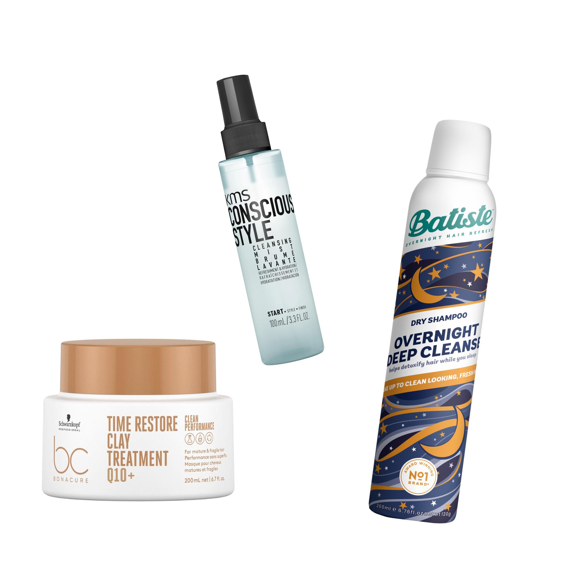 1. BC Clean Time Restore -savihoito 19,90 e, Schwarzkopf. 2. Cleansing Mist -suihke 26,50 e, KMS. 3. Overnight Deep Cleanse -kuivasampoo 7,90 e, Batiste.