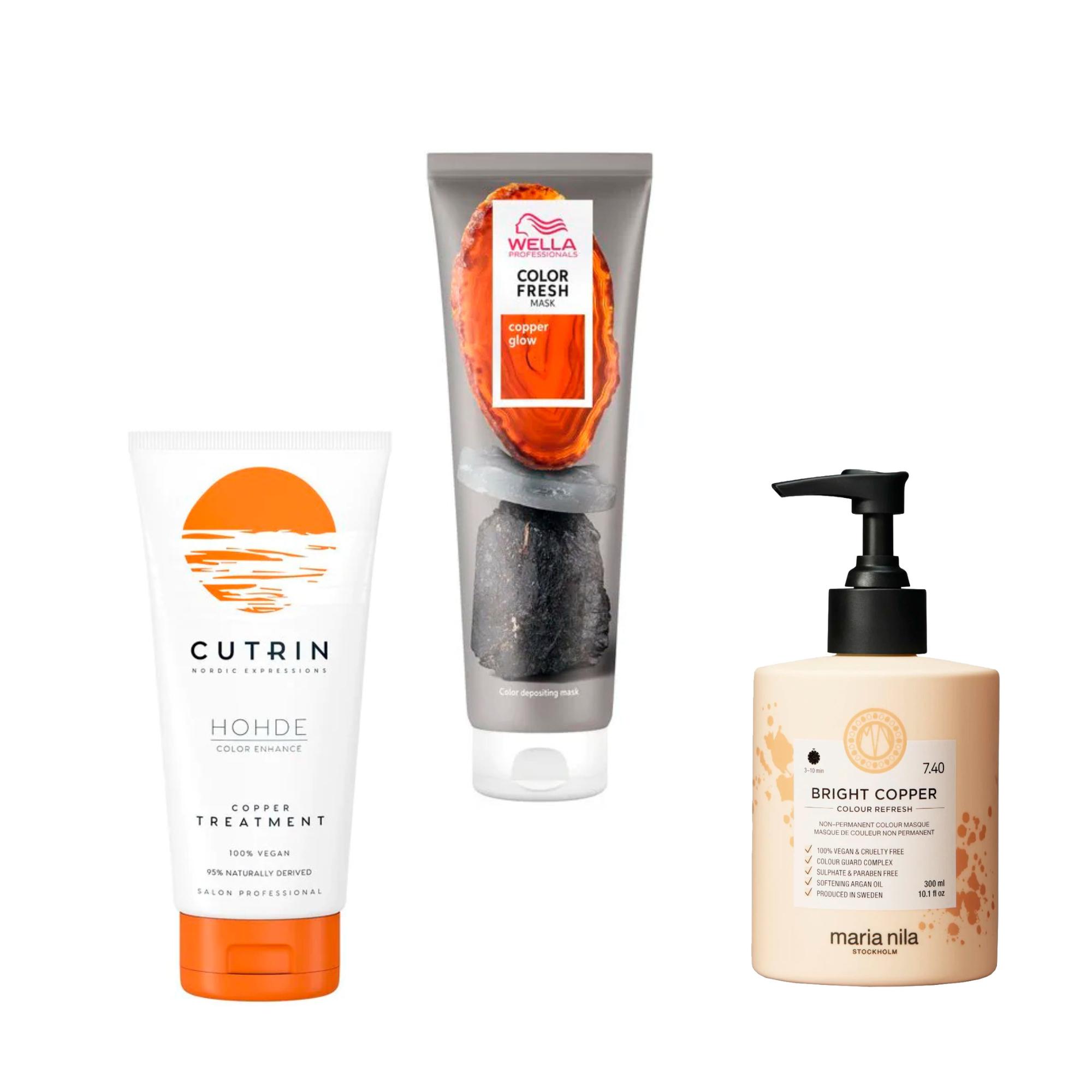 1. Hohde Copper -hoitoaine 18,90 e, Cutrin. 2. Color Fresh Mask Copper Glow -naamio 20,50 e, Wella. 3. Refresh Bright Copper -värinaamio 28,90 e, Maria Nila.