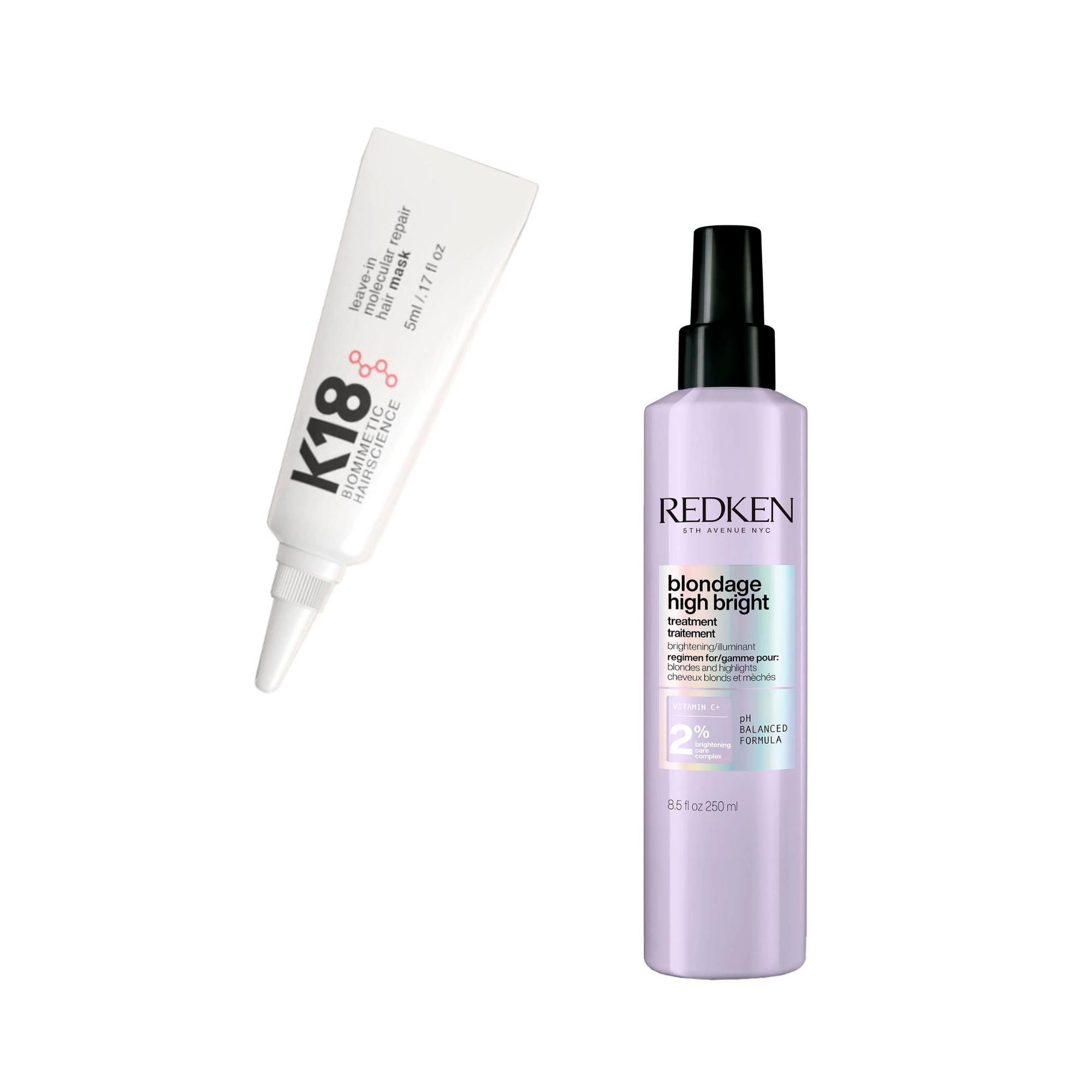 1. Leave in Molecular - naamio 12 e, K18. 2. High Bright Pre-Treatment -hoitosuihke 34,90 e, Redken.