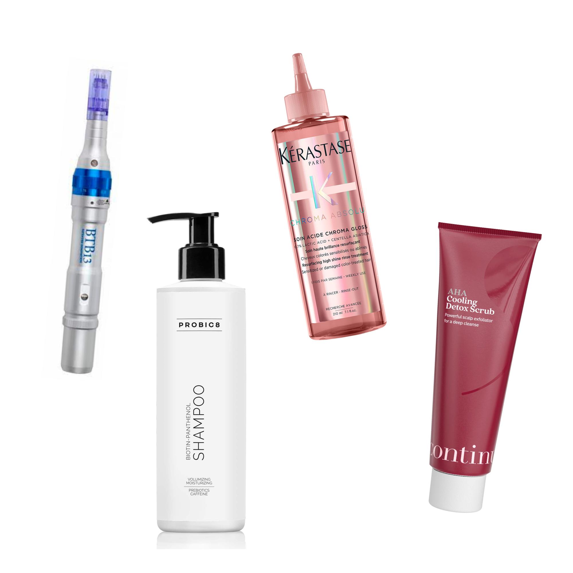 1. BTB13 Micro-Mesotherapy hiuspohjalle alkaen 135 e. katso hoitolat: naviter.fi. 2. Biotin-Panthenol-sampoo 21,90 e, Probic8. 3. Absolu Soin Acid Chroma Gloss -hoitoaine 50,50 e, Kérastase. 4. AHA Cooling -hiuspohjan kuorinta 19,90 e, Continu.